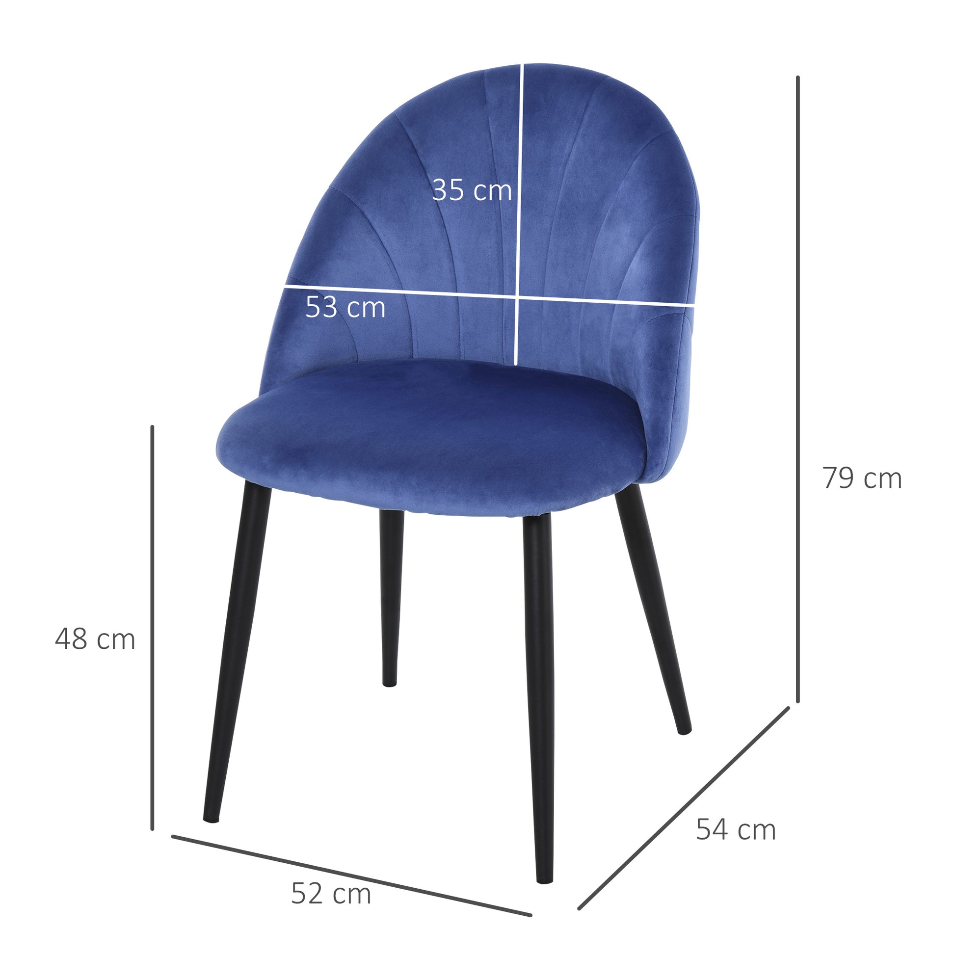 Set of 2 Velvet Blue Dining Chairs with Black Metal Legs 52L x 54W x 79H cm