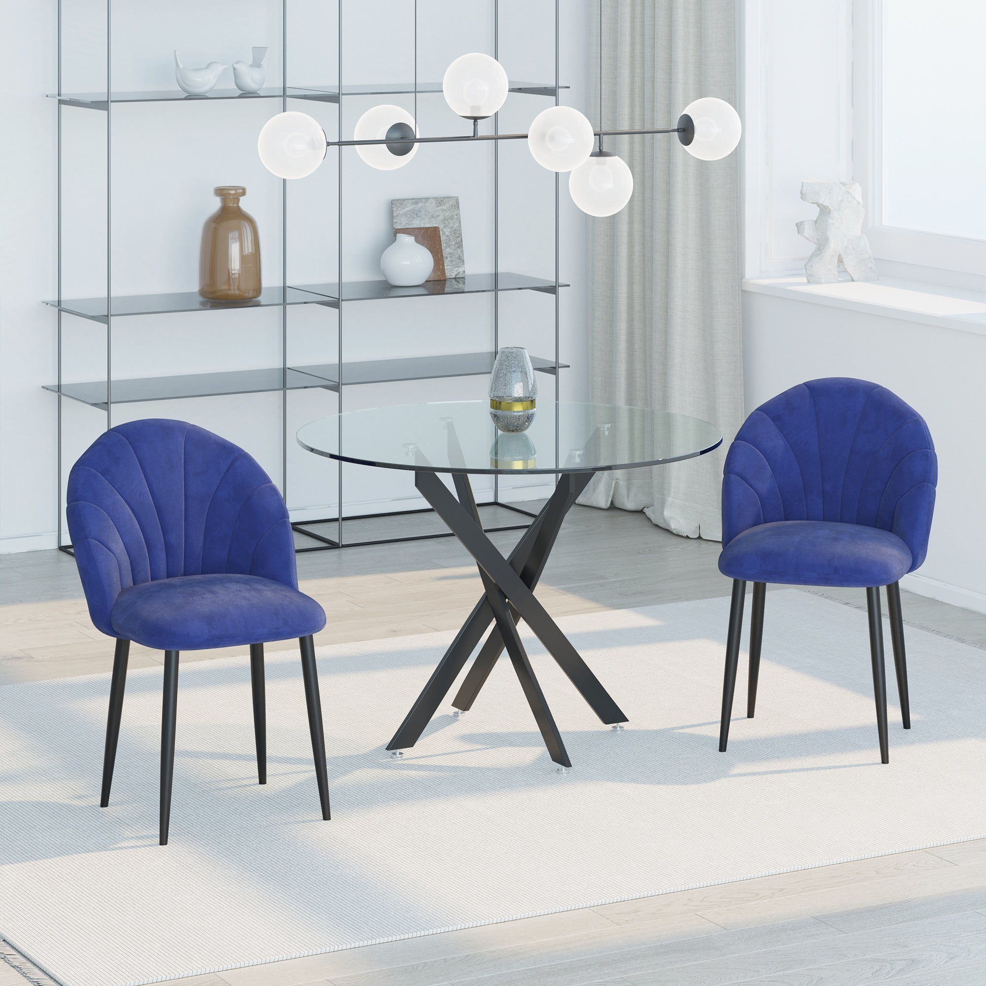 Set of 2 Velvet Blue Dining Chairs with Black Metal Legs 52L x 54W x 79H cm