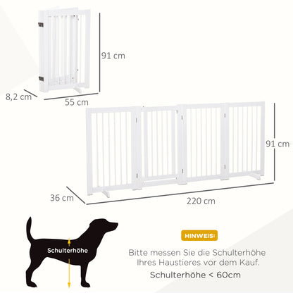 Freestanding Dog Barrier Gate with Feet 220 x 91 cm Wood Pet Gate Stair Safety Gate Door Guard Gate for Stairs, Doors, Kitchen, Hallway, 4 Panels, White