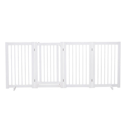 Freestanding Dog Barrier Gate with Feet 220 x 91 cm Wood Pet Gate Stair Safety Gate Door Guard Gate for Stairs, Doors, Kitchen, Hallway, 4 Panels, White