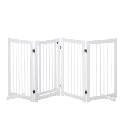 Freestanding Dog Barrier Gate with Feet 220 x 91 cm Wood Pet Gate Stair Safety Gate Door Guard Gate for Stairs, Doors, Kitchen, Hallway, 4 Panels, White