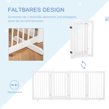 Freestanding Dog Barrier Gate with Feet 220 x 91 cm Wood Pet Gate Stair Safety Gate Door Guard Gate for Stairs, Doors, Kitchen, Hallway, 4 Panels, White