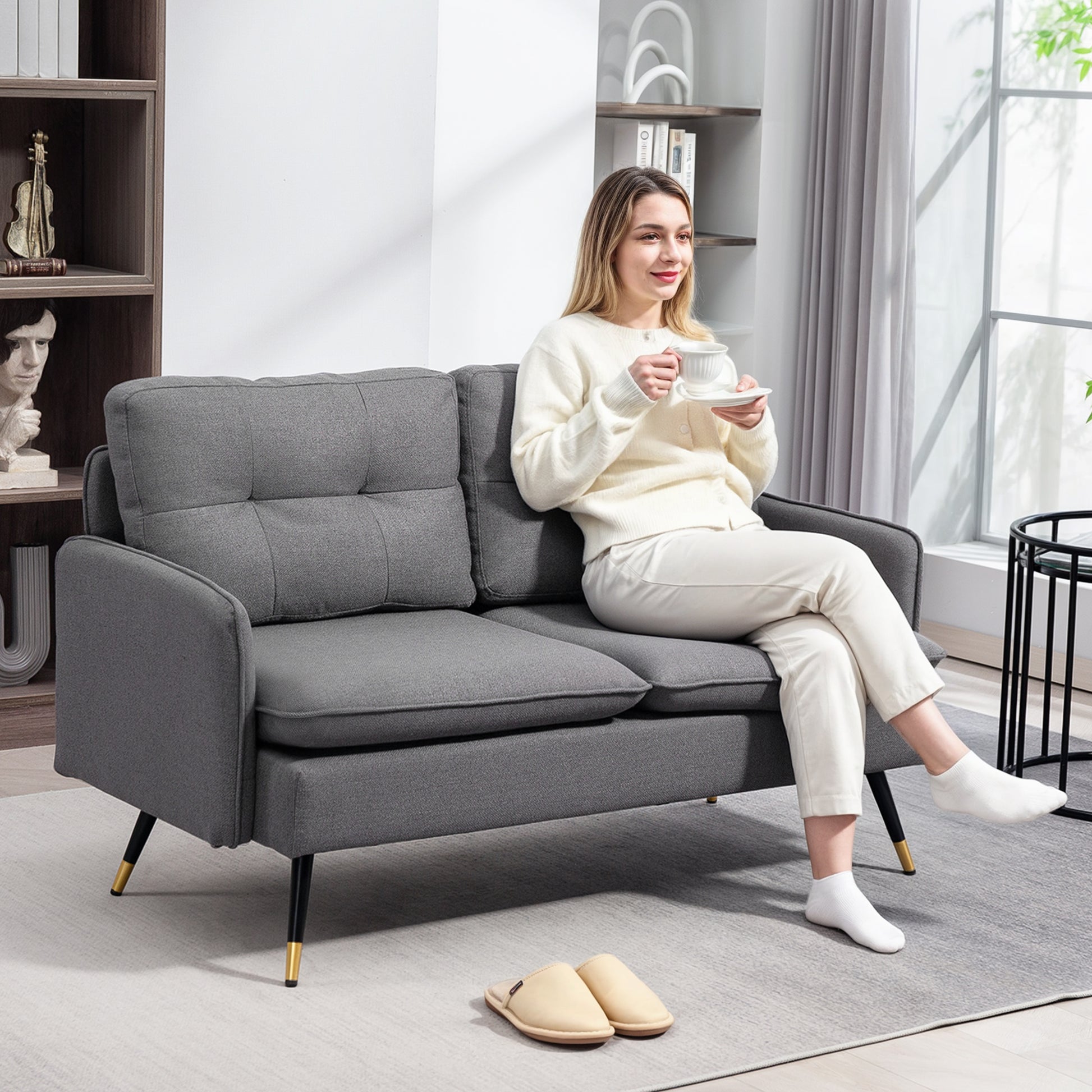 2-Seater Sofa in Scandinavian Design with Linen Look in Dark Grey with Piping 139 x 68 x 80 cm