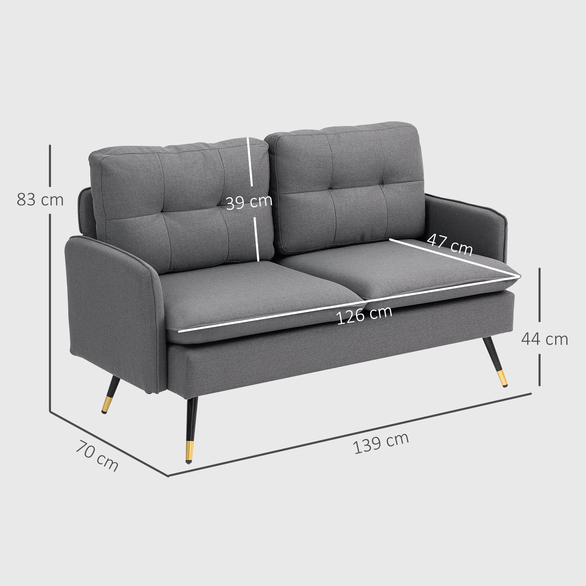 2-Seater Sofa in Scandinavian Design with Linen Look in Dark Grey with Piping 139 x 68 x 80 cm
