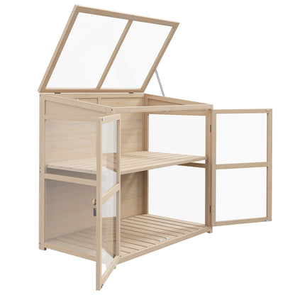 Wooden Cold Frame Greenhouse, 2-Tier Garden Greenhouse with Double Door, Roof Window, Windproof Raised Bed, for Garden, Balcony, Natural, 103 x 61 x 103 cm