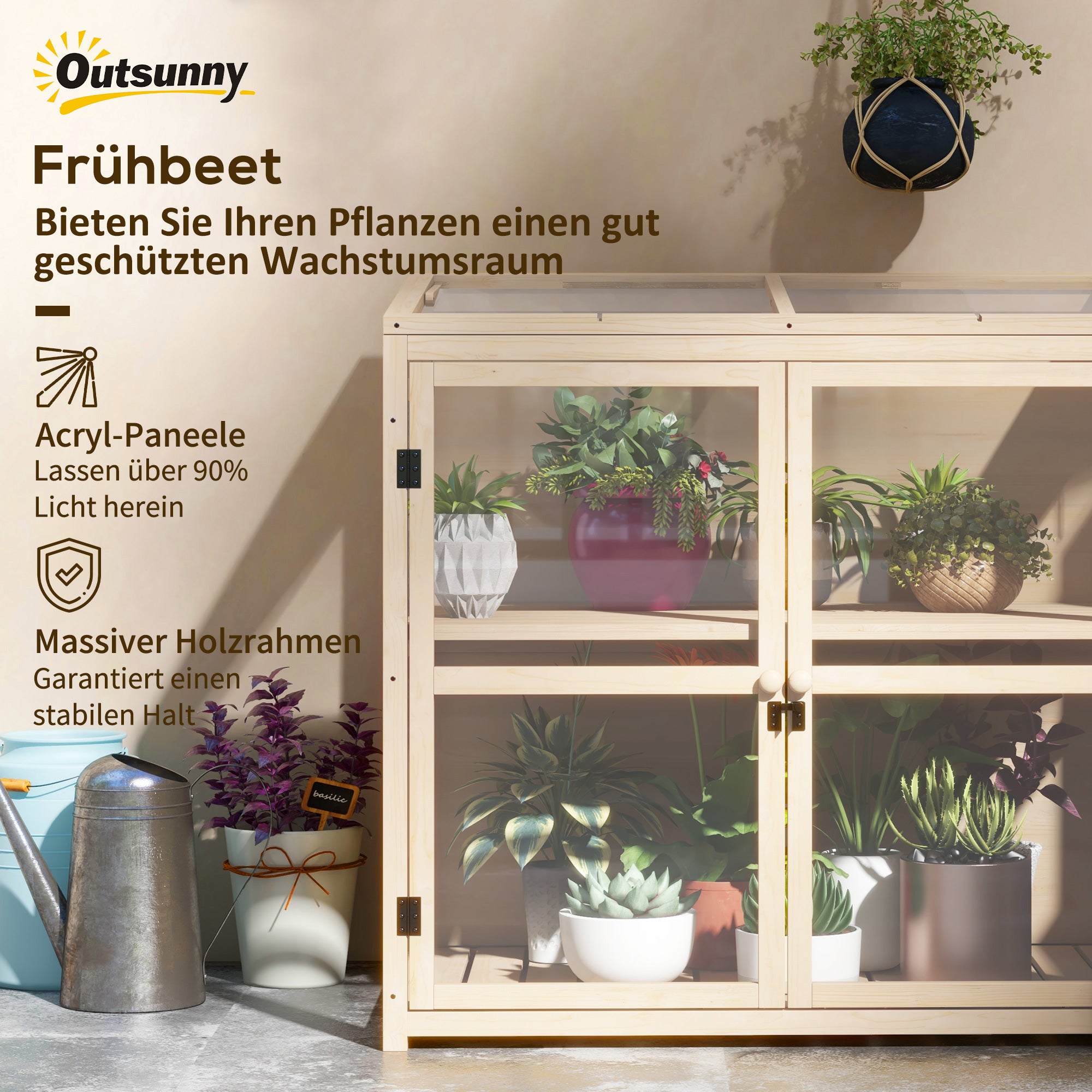 Wooden Cold Frame Greenhouse, 2-Tier Garden Greenhouse with Double Door, Roof Window, Windproof Raised Bed, for Garden, Balcony, Natural, 103 x 61 x 103 cm