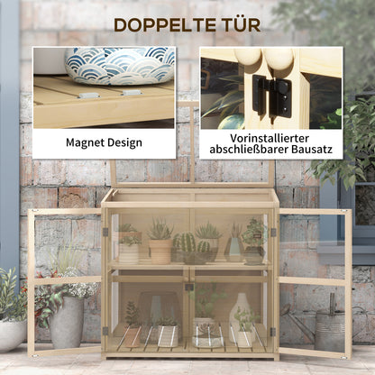 Wooden Cold Frame Greenhouse, 2-Tier Garden Greenhouse with Double Door, Roof Window, Windproof Raised Bed, for Garden, Balcony, Natural, 103 x 61 x 103 cm