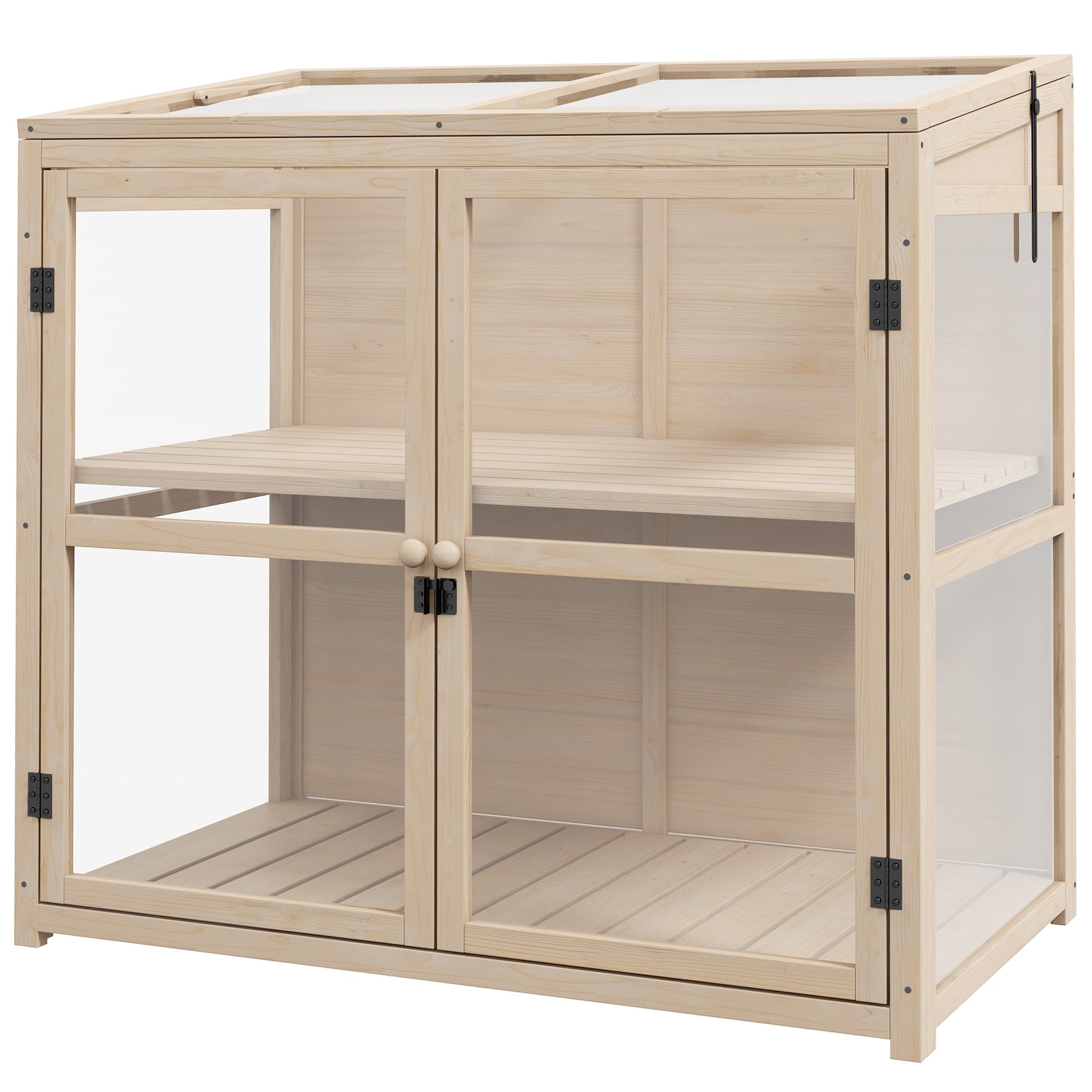 Wooden Cold Frame Greenhouse, 2-Tier Garden Greenhouse with Double Door, Roof Window, Windproof Raised Bed, for Garden, Balcony, Natural, 103 x 61 x 103 cm