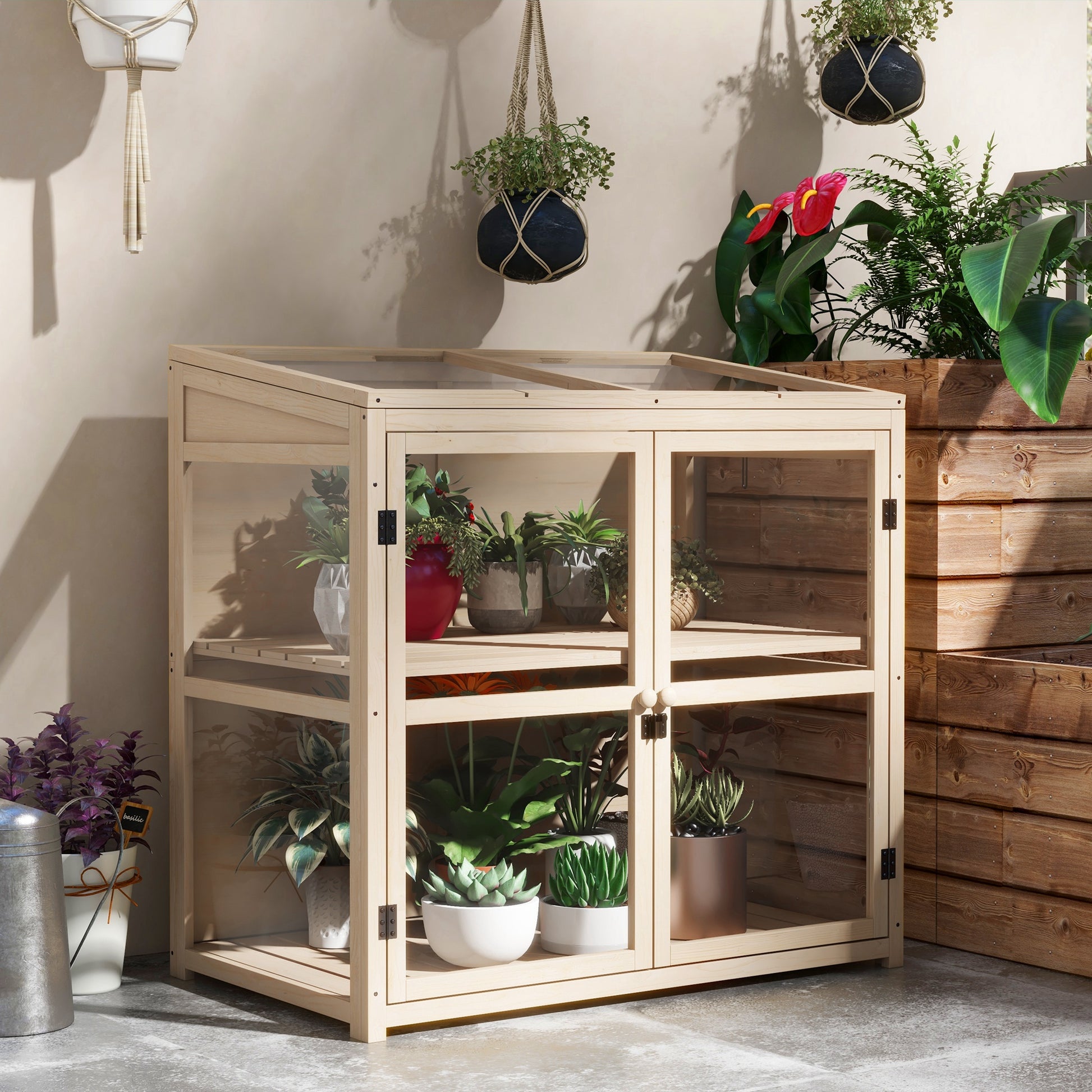 Wooden Cold Frame Greenhouse, 2-Tier Garden Greenhouse with Double Door, Roof Window, Windproof Raised Bed, for Garden, Balcony, Natural, 103 x 61 x 103 cm