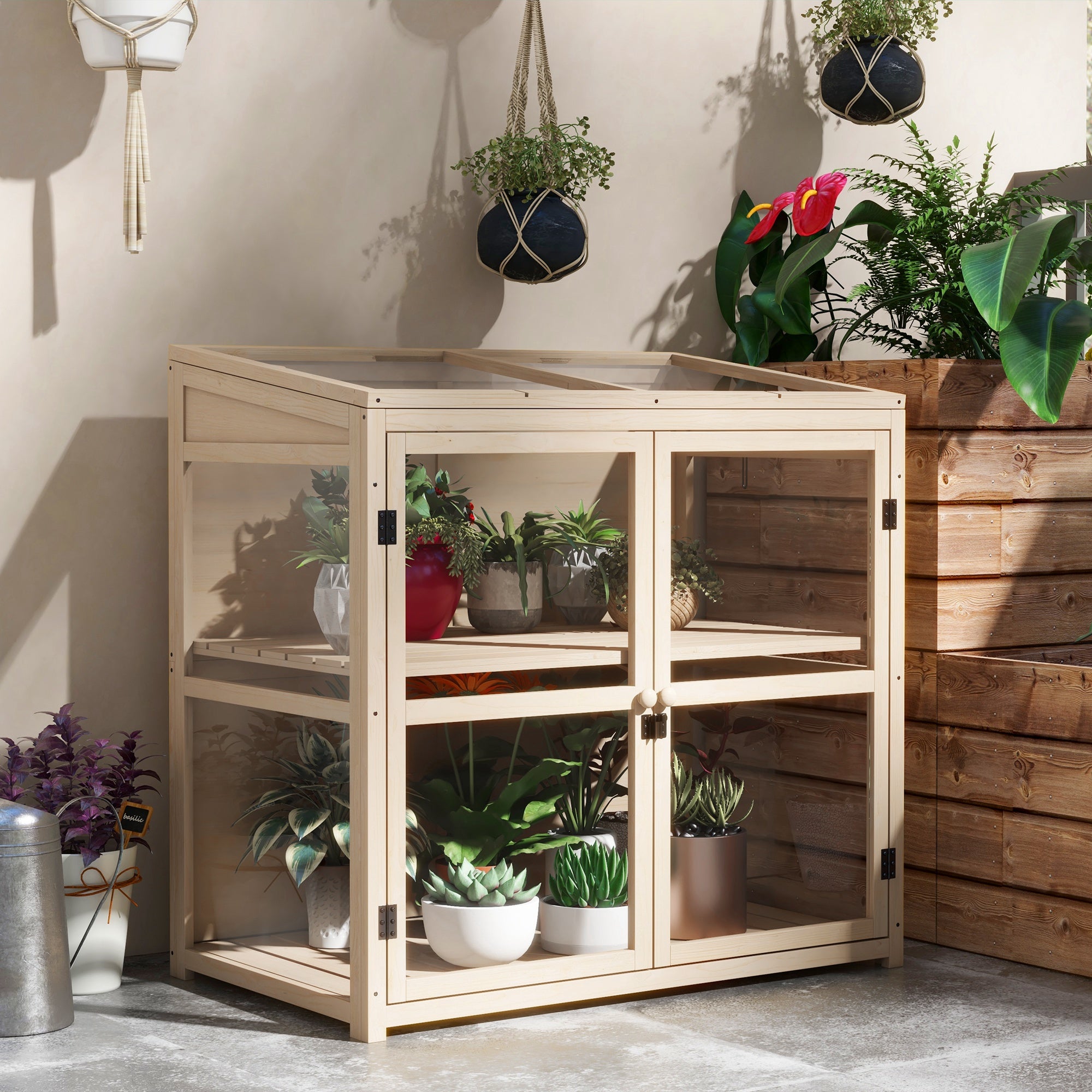 Wooden Cold Frame Greenhouse, 2-Tier Garden Greenhouse with Double Door, Roof Window, Windproof Raised Bed, for Garden, Balcony, Natural, 103 x 61 x 103 cm