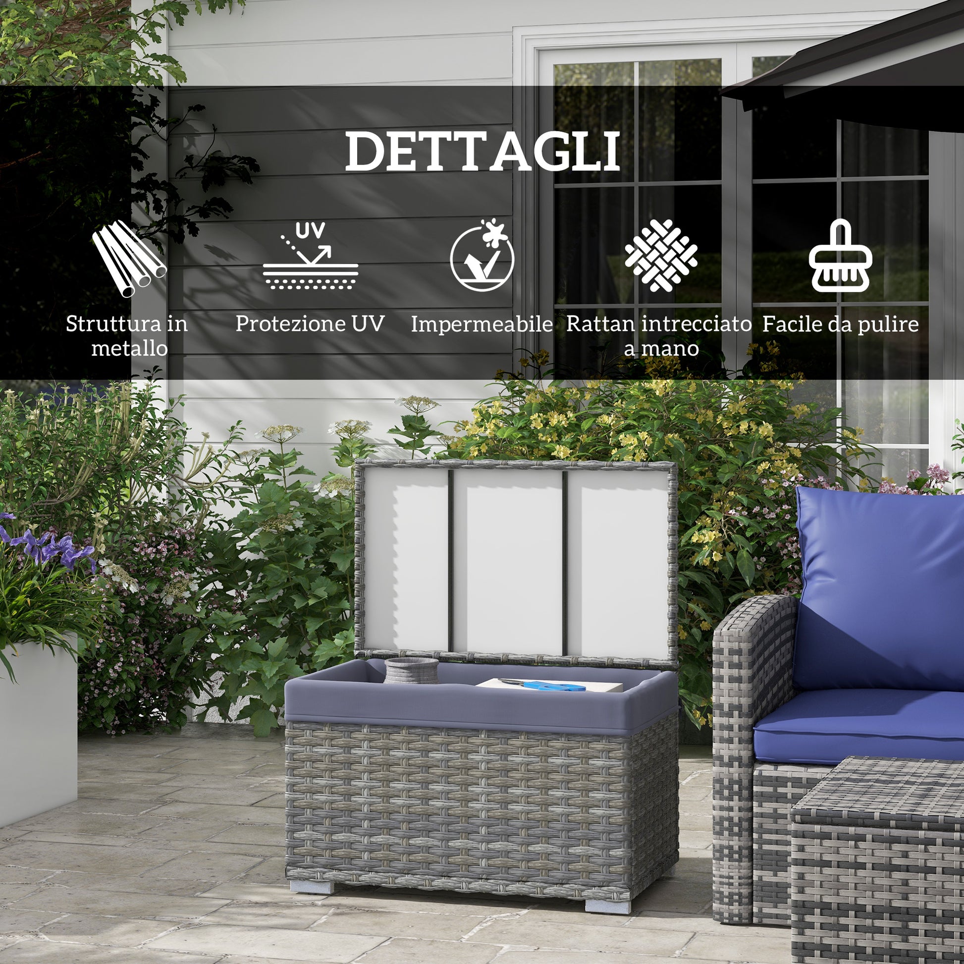 PE Rattan Garden Box, Outdoor Bench with Non-Slip Feet and Waterproof Fabric Interior Coating, 76x45x48cm, Gray