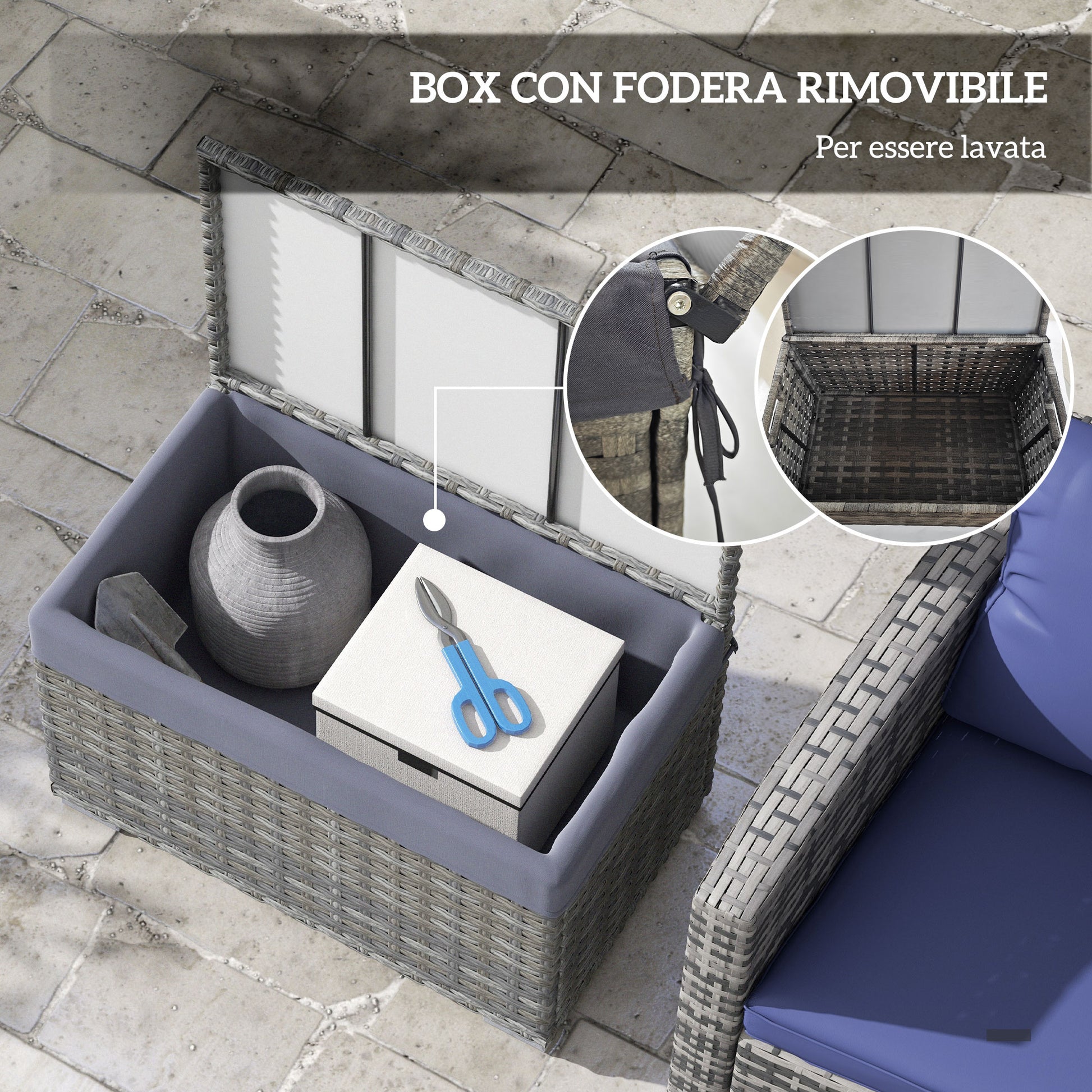 PE Rattan Garden Box, Outdoor Bench with Non-Slip Feet and Waterproof Fabric Interior Coating, 76x45x48cm, Gray