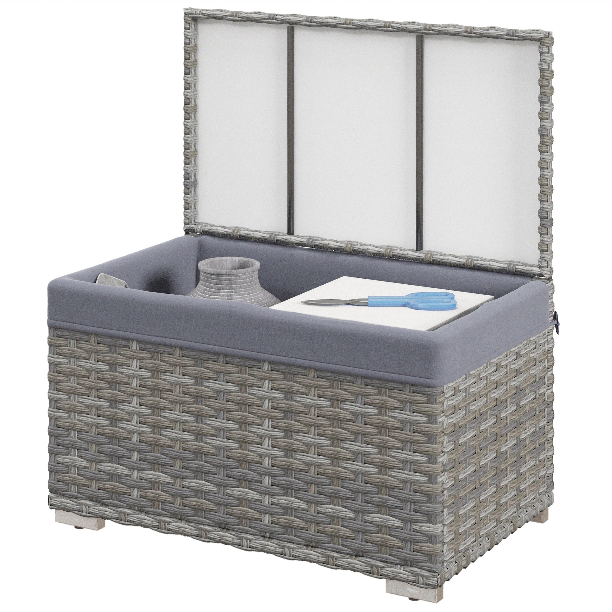 PE Rattan Garden Box, Outdoor Bench with Non-Slip Feet and Waterproof Fabric Interior Coating, 76x45x48cm, Gray