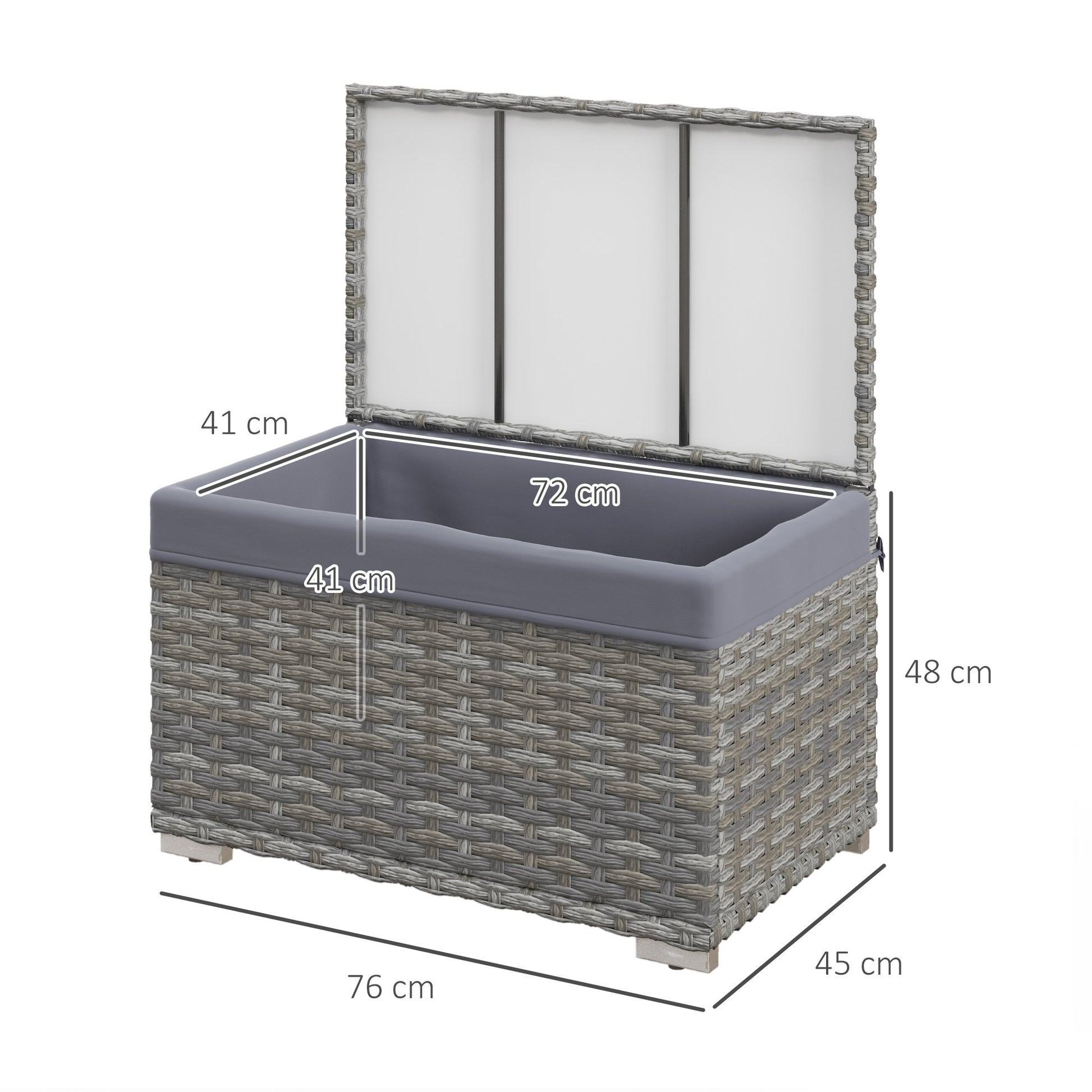 PE Rattan Garden Box, Outdoor Bench with Non-Slip Feet and Waterproof Fabric Interior Coating, 76x45x48cm, Gray