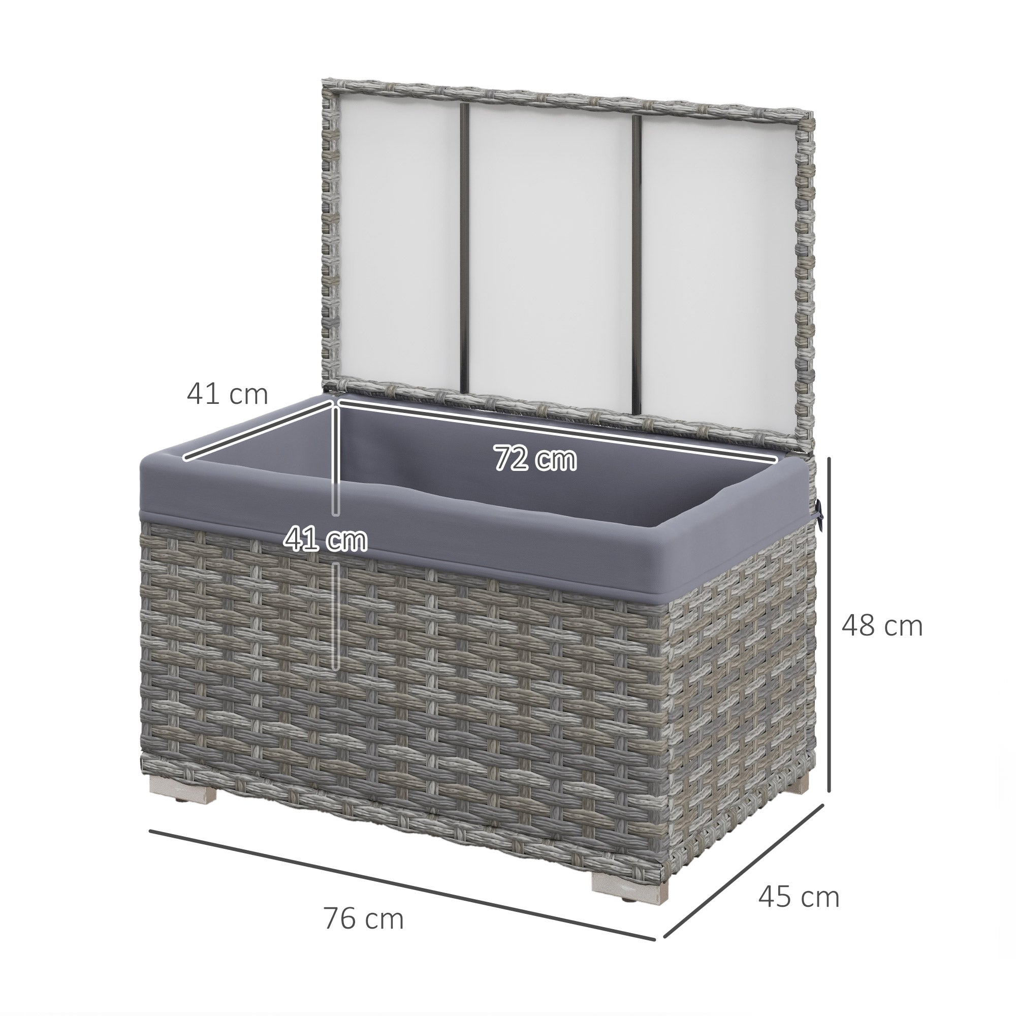 PE Rattan Garden Box, Outdoor Bench with Non-Slip Feet and Waterproof Fabric Interior Coating, 76x45x48cm, Gray