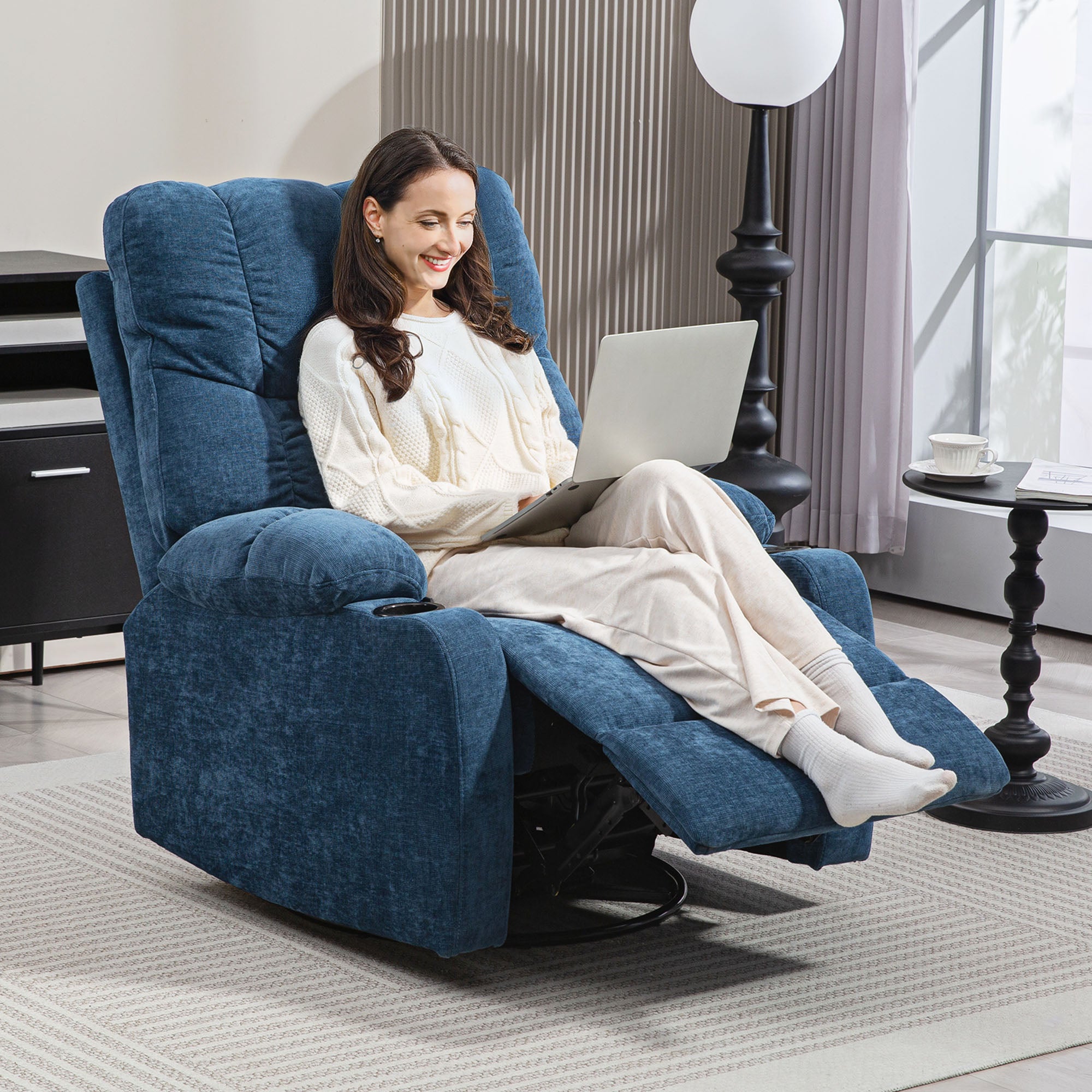 Recliner Chair TV Armchair with Reclining Function, Rocking Function, Swivel TV Chair with Footrest, Pocket Spring Core and Cup Holder, for Living Room, Dark Blue