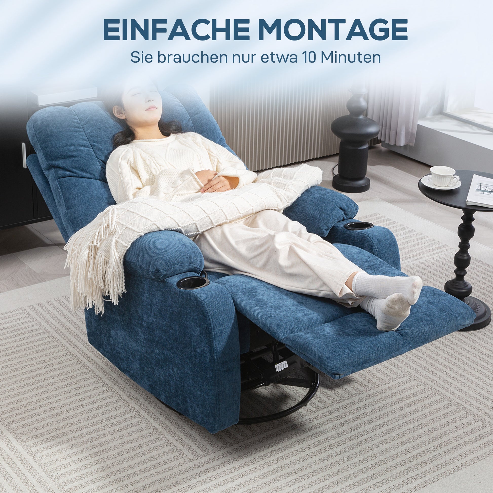 Recliner Chair TV Armchair with Reclining Function, Rocking Function, Swivel TV Chair with Footrest, Pocket Spring Core and Cup Holder, for Living Room, Dark Blue
