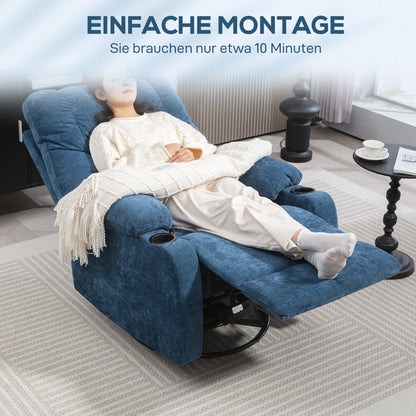 Recliner Chair TV Armchair with Reclining Function, Rocking Function, Swivel TV Chair with Footrest, Pocket Spring Core and Cup Holder, for Living Room, Dark Blue