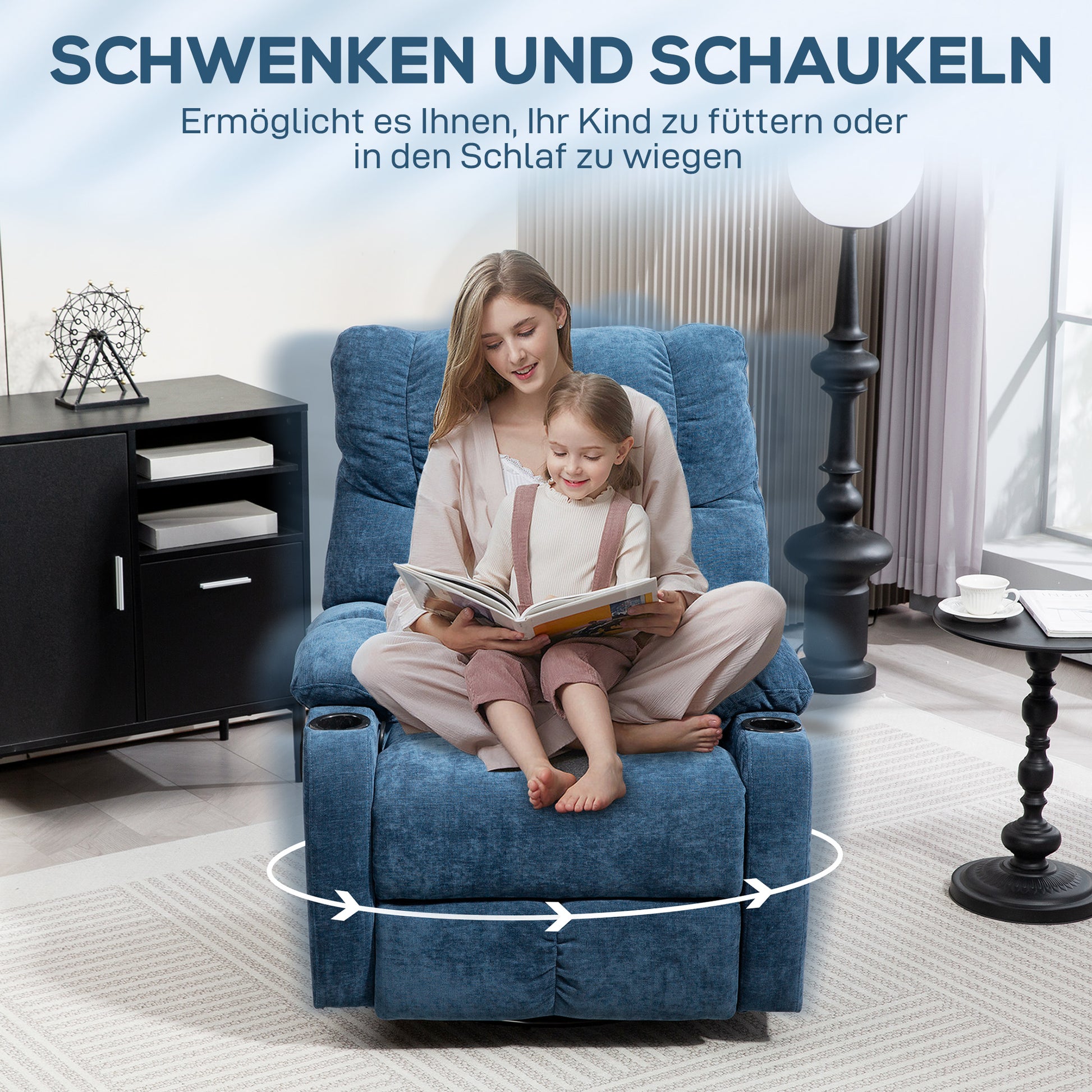 Recliner Chair TV Armchair with Reclining Function, Rocking Function, Swivel TV Chair with Footrest, Pocket Spring Core and Cup Holder, for Living Room, Dark Blue