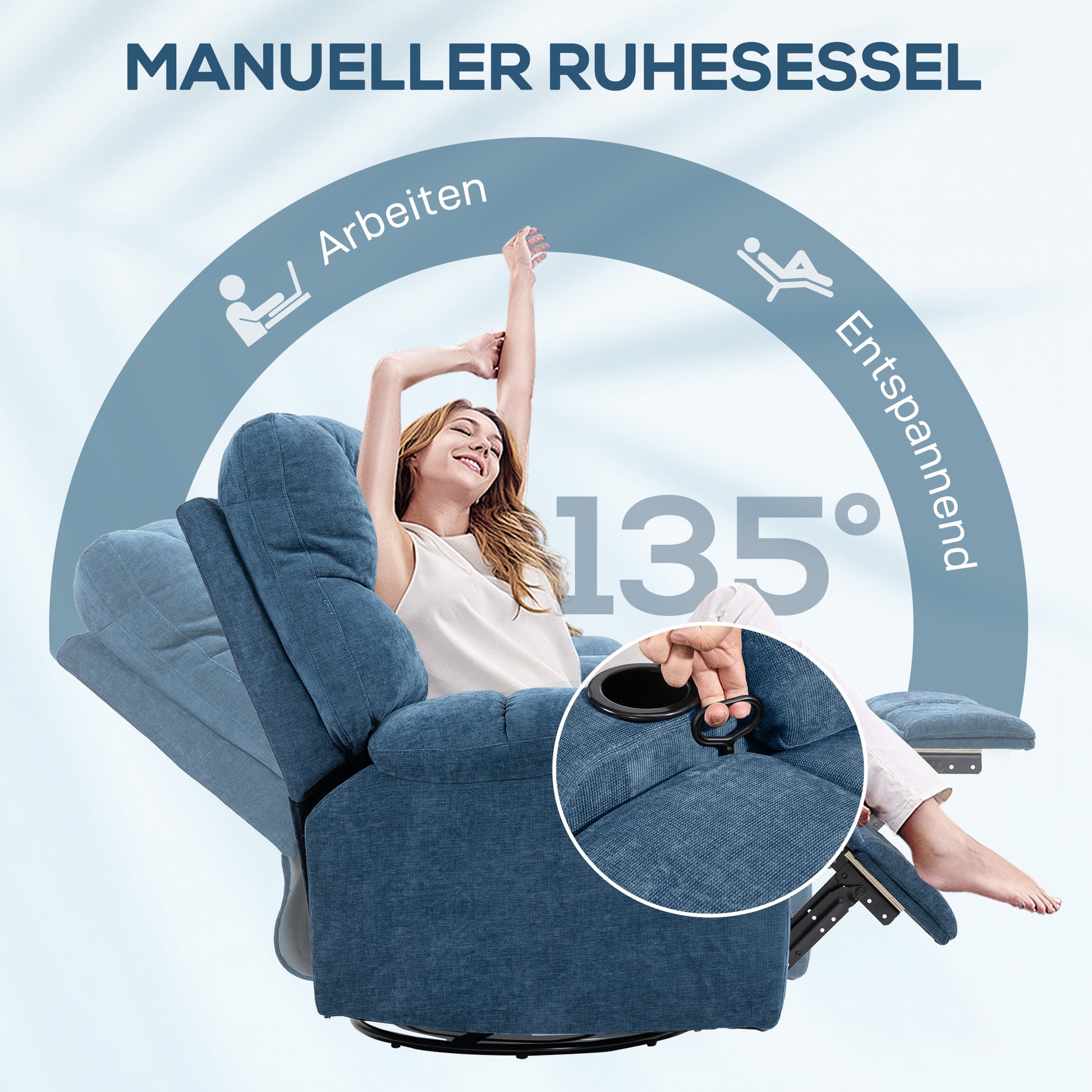 Recliner Chair TV Armchair with Reclining Function, Rocking Function, Swivel TV Chair with Footrest, Pocket Spring Core and Cup Holder, for Living Room, Dark Blue