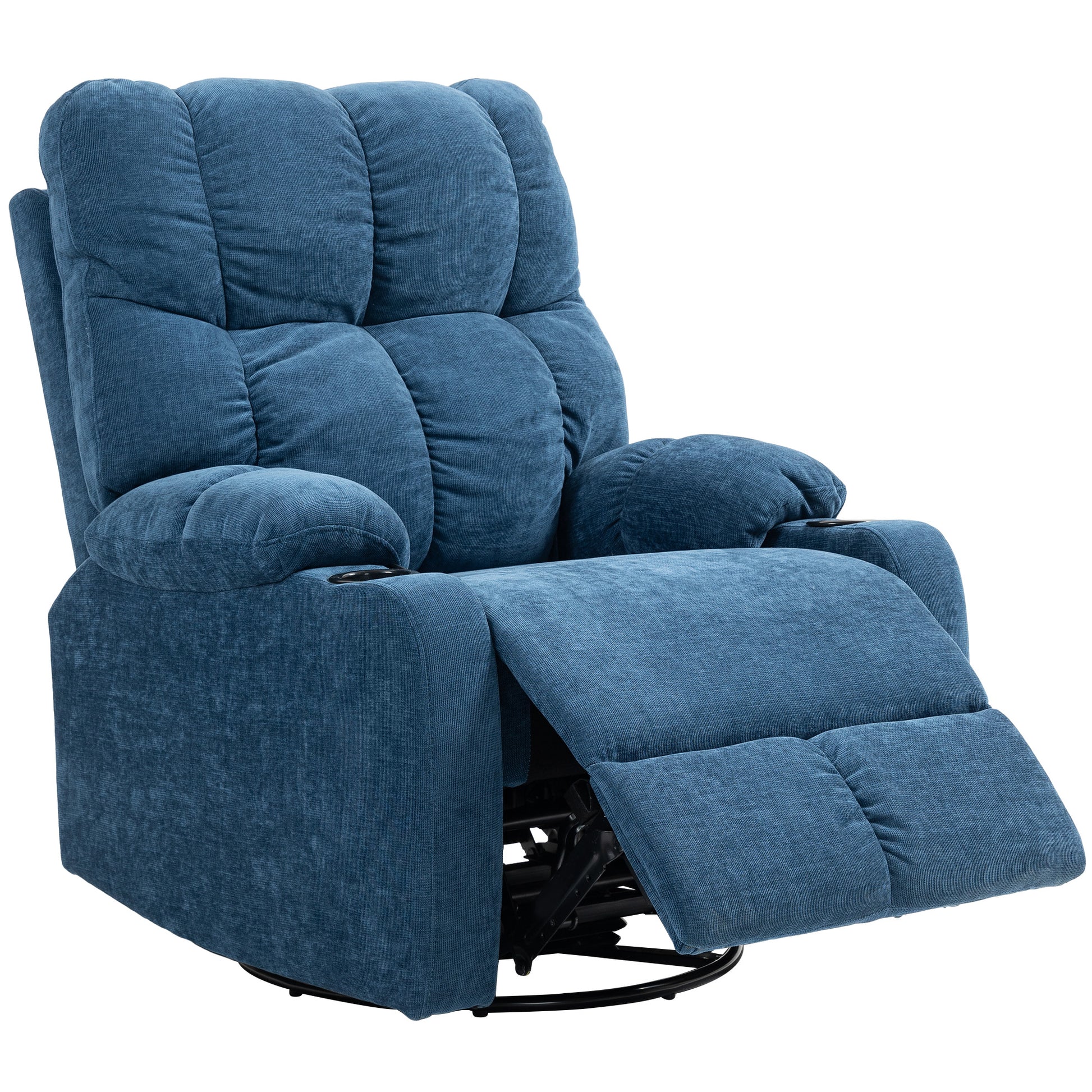 Recliner Chair TV Armchair with Reclining Function, Rocking Function, Swivel TV Chair with Footrest, Pocket Spring Core and Cup Holder, for Living Room, Dark Blue