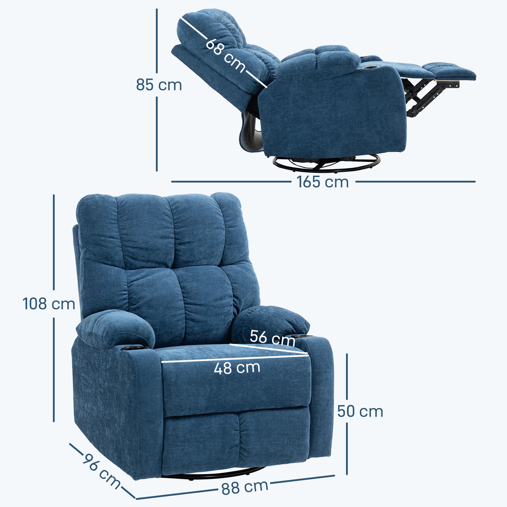 Recliner Chair TV Armchair with Reclining Function, Rocking Function, Swivel TV Chair with Footrest, Pocket Spring Core and Cup Holder, for Living Room, Dark Blue