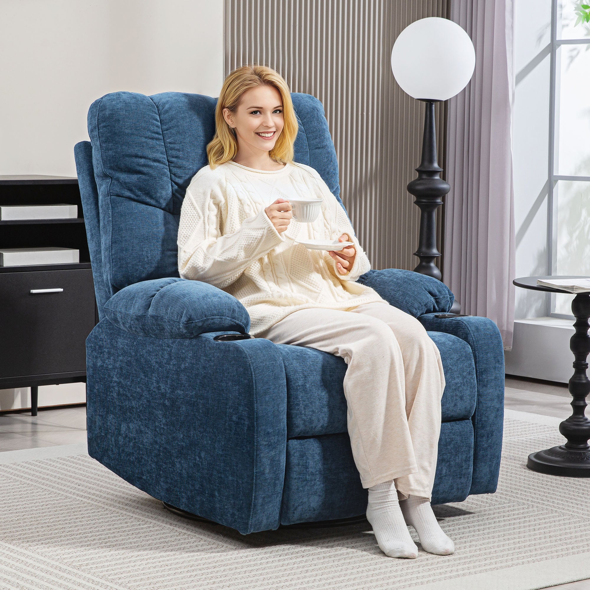 Recliner Chair TV Armchair with Reclining Function, Rocking Function, Swivel TV Chair with Footrest, Pocket Spring Core and Cup Holder, for Living Room, Dark Blue