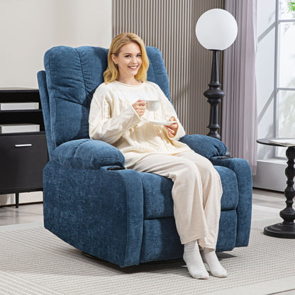 Recliner Chair TV Armchair with Reclining Function, Rocking Function, Swivel TV Chair with Footrest, Pocket Spring Core and Cup Holder, for Living Room, Dark Blue