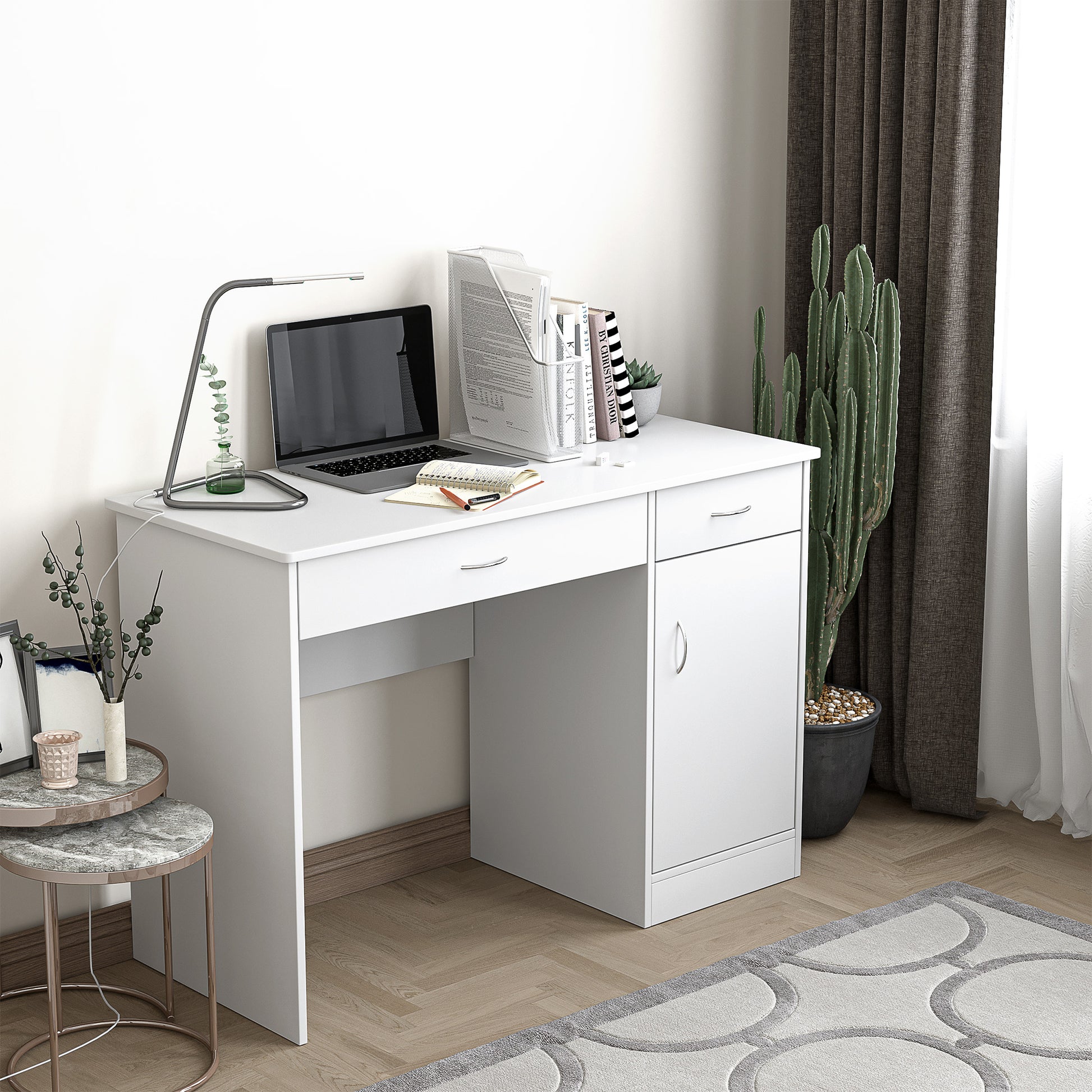 Modern Desk for PC and Computer with 2 Drawers and 1 Cabinet, Desk with Space-Saving Bookshelf for Office or Bedroom in Wood, White