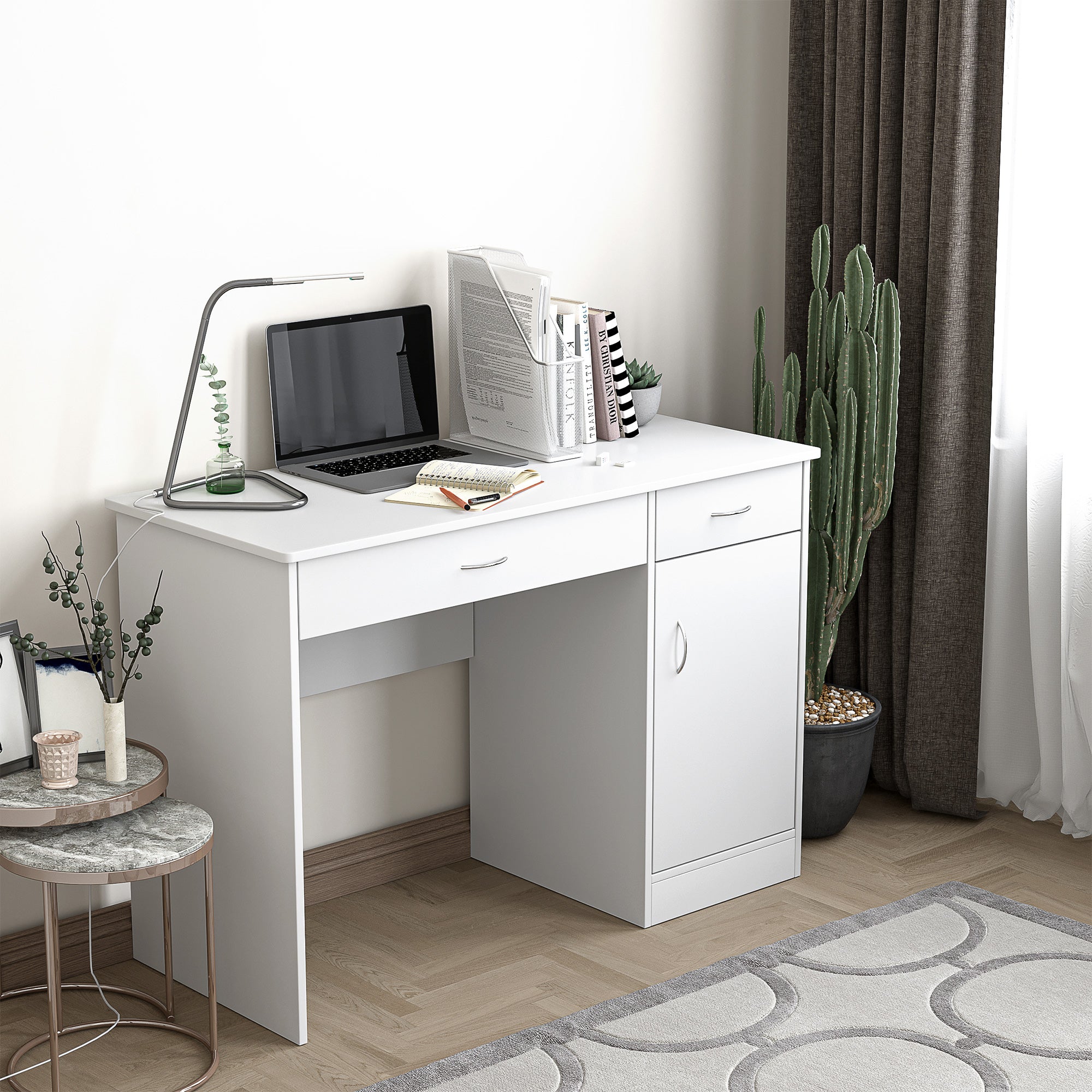 Modern Desk for PC and Computer with 2 Drawers and 1 Cabinet, Desk with Space-Saving Bookshelf for Office or Bedroom in Wood, White