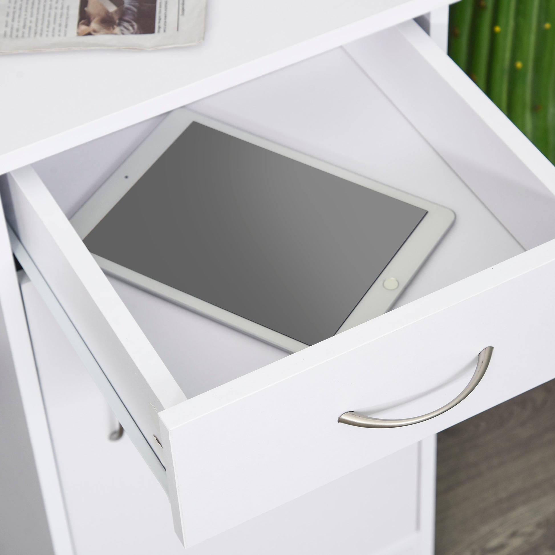 Modern Desk for PC and Computer with 2 Drawers and 1 Cabinet, Desk with Space-Saving Bookshelf for Office or Bedroom in Wood, White