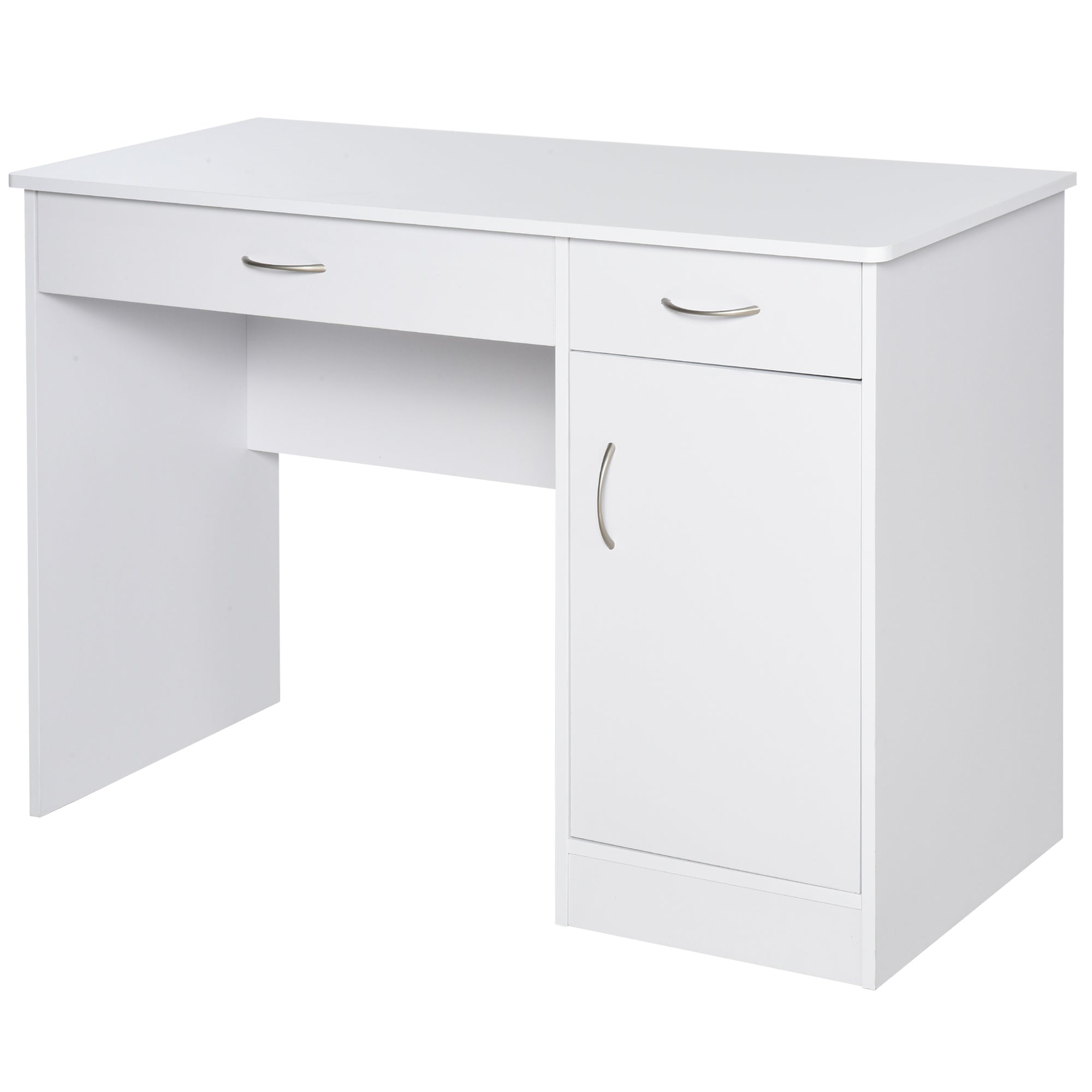 Modern Desk for PC and Computer with 2 Drawers and 1 Cabinet, Desk with Space-Saving Bookshelf for Office or Bedroom in Wood, White