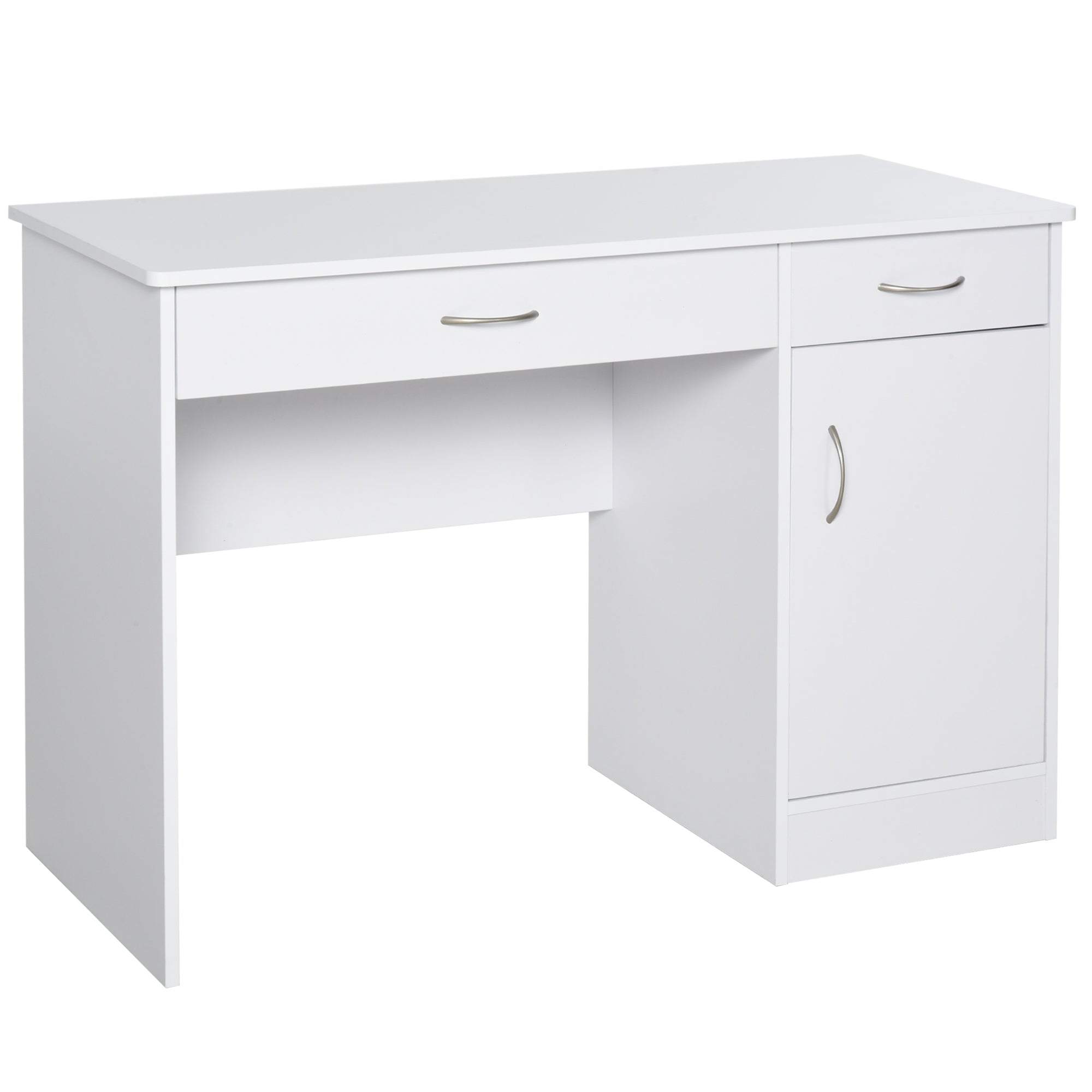 Modern Desk for PC and Computer with 2 Drawers and 1 Cabinet, Desk with Space-Saving Bookshelf for Office or Bedroom in Wood, White