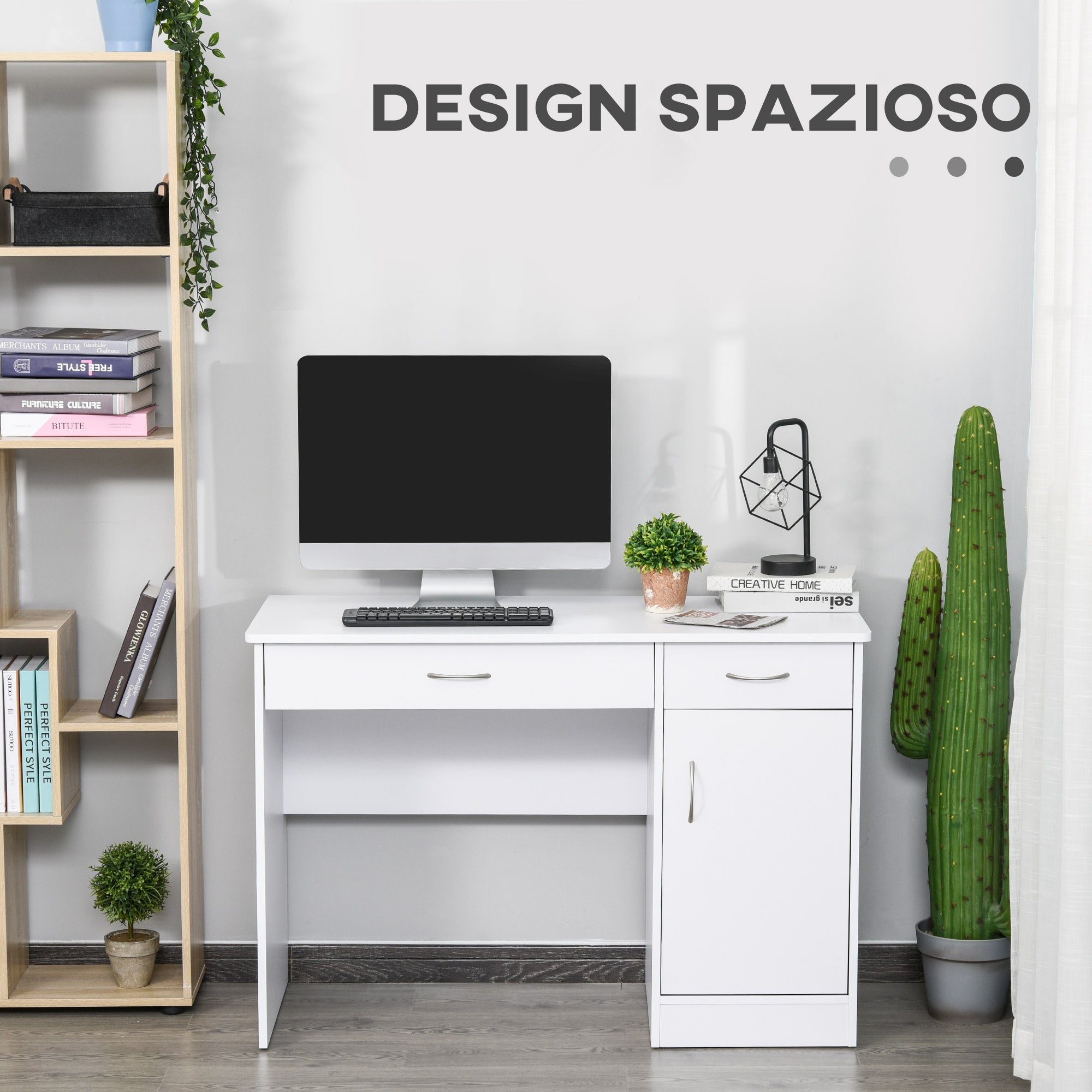 Modern Desk for PC and Computer with 2 Drawers and 1 Cabinet, Desk with Space-Saving Bookshelf for Office or Bedroom in Wood, White