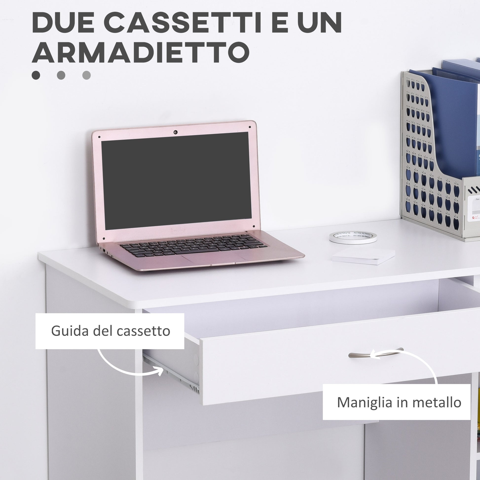 Modern Desk for PC and Computer with 2 Drawers and 1 Cabinet, Desk with Space-Saving Bookshelf for Office or Bedroom in Wood, White