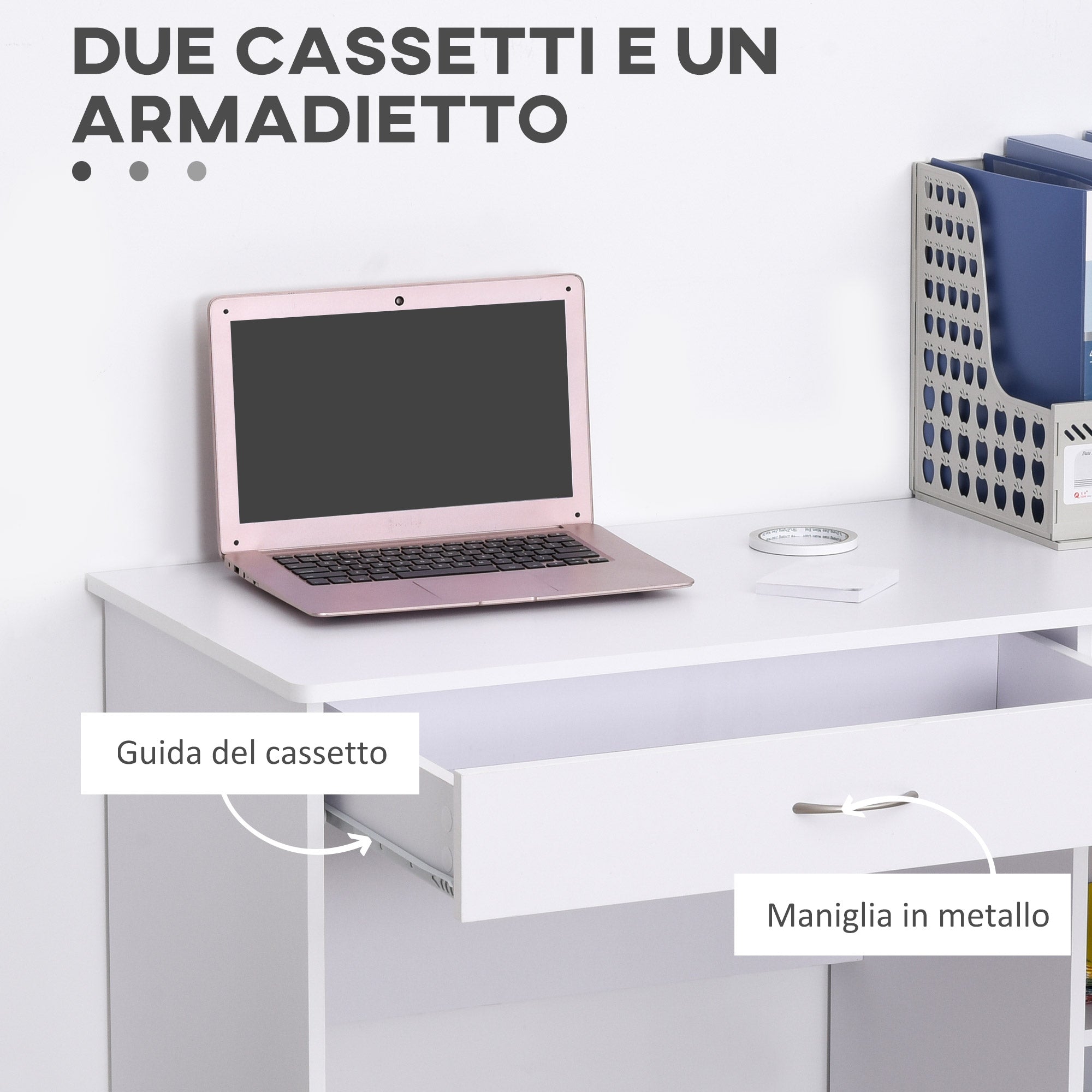 Modern Desk for PC and Computer with 2 Drawers and 1 Cabinet, Desk with Space-Saving Bookshelf for Office or Bedroom in Wood, White