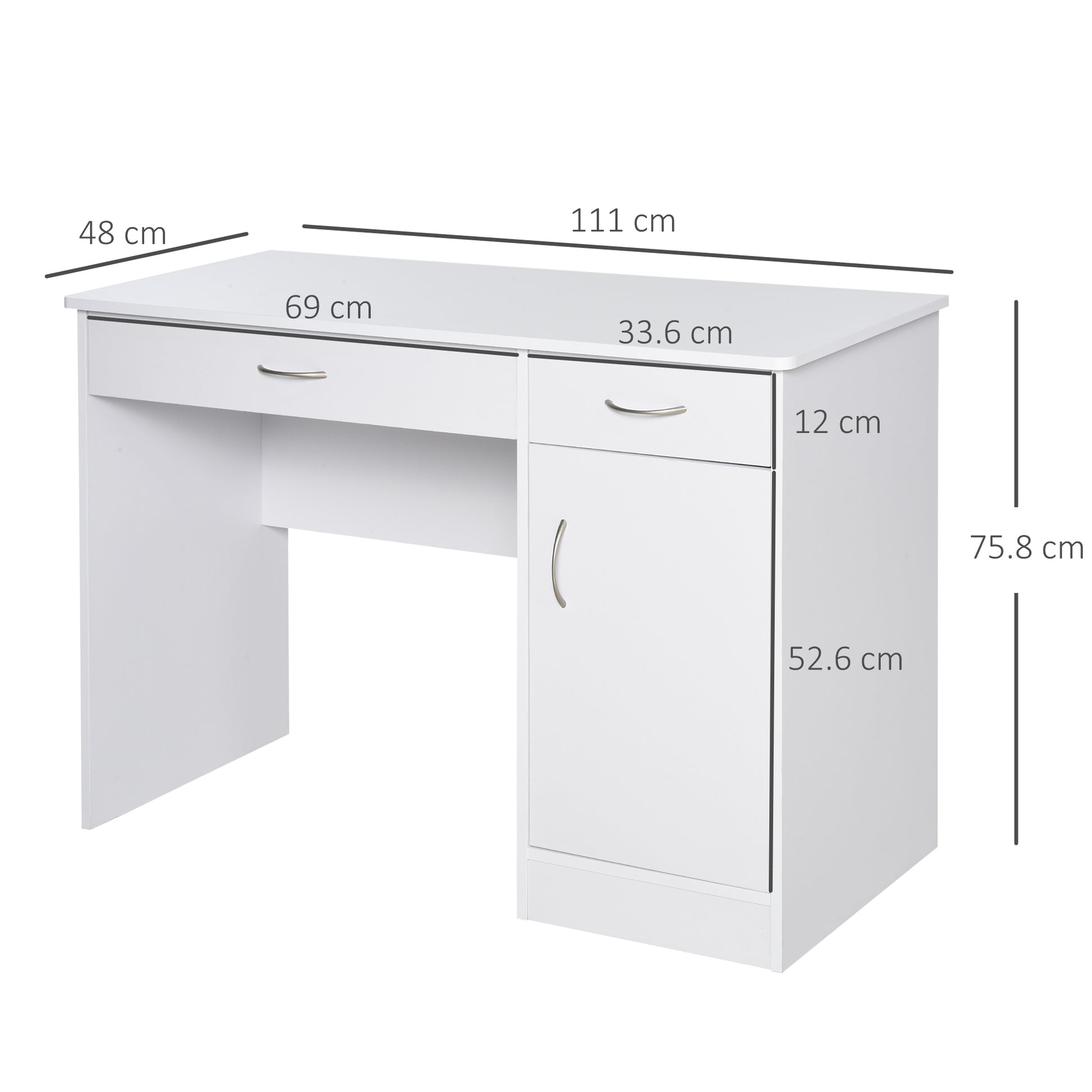 Modern Desk for PC and Computer with 2 Drawers and 1 Cabinet, Desk with Space-Saving Bookshelf for Office or Bedroom in Wood, White