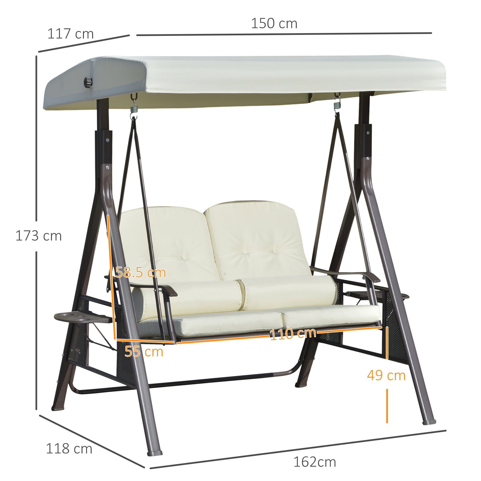 2-Seater Hollywood Swing Garden Swing with Sun Canopy Cushion Tray Metal Polyester Beige 162 x 118 x 173 cm