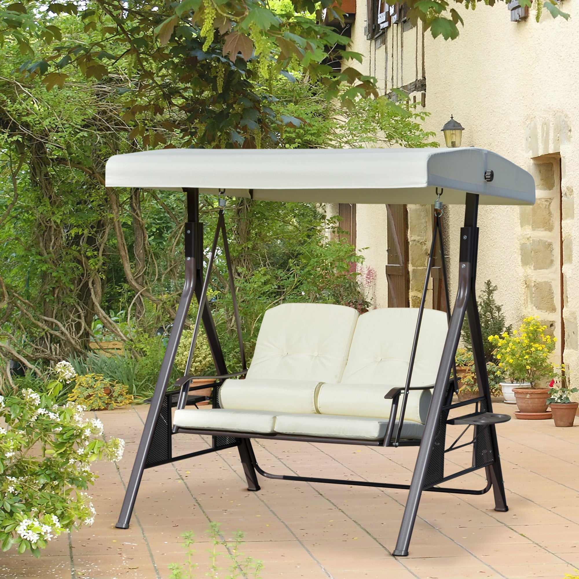 2-Seater Hollywood Swing Garden Swing with Sun Canopy Cushion Tray Metal Polyester Beige 162 x 118 x 173 cm