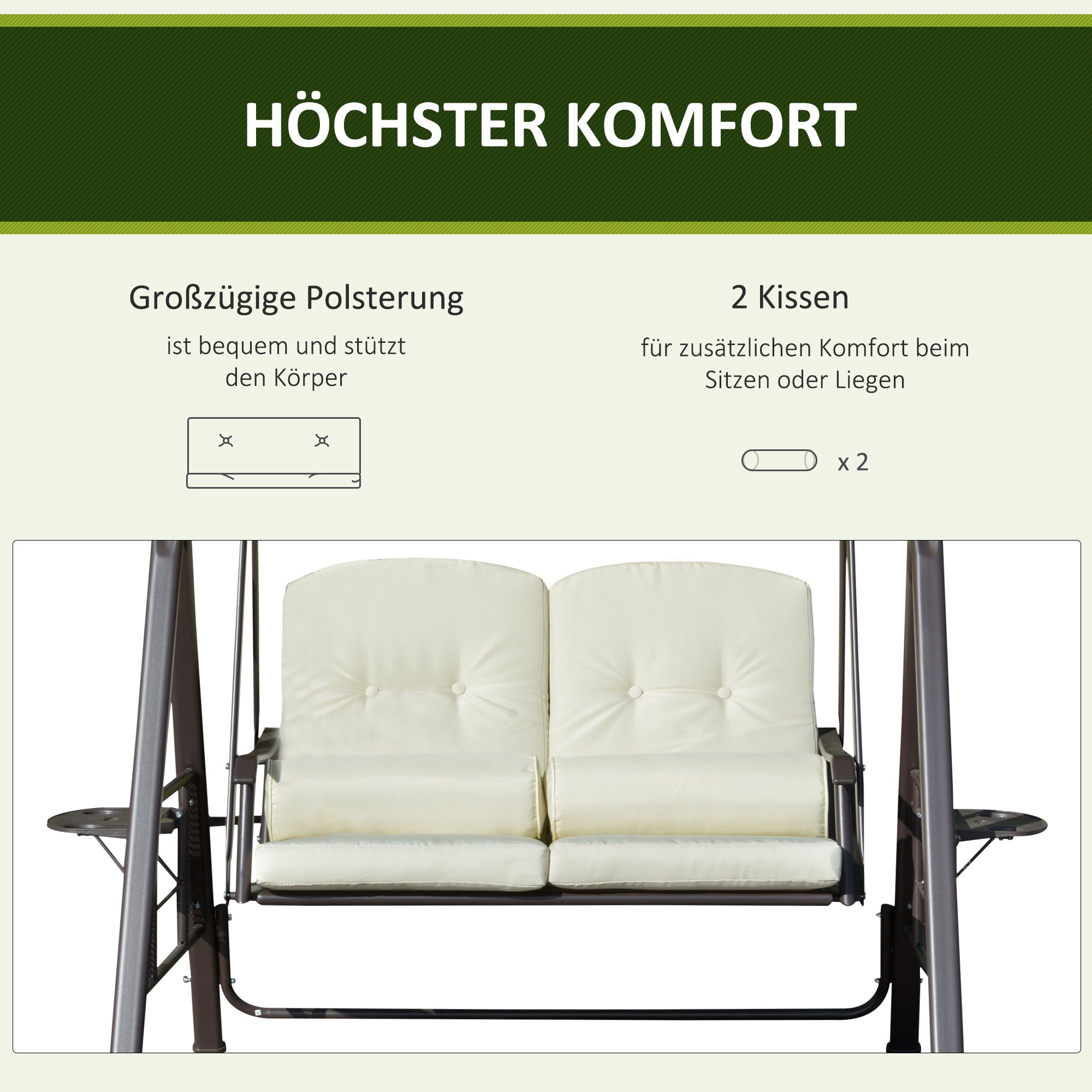 2-Seater Hollywood Swing Garden Swing with Sun Canopy Cushion Tray Metal Polyester Beige 162 x 118 x 173 cm