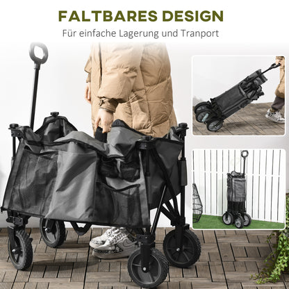 Folding Wagon, Handcart with Wheels, Brakes, Carrying Bag, 125L Transport Wagon up to 120kg Load Capacity, XXL Utility Cart, Garden Cart for Beach Camping Shopping, Dark Gray