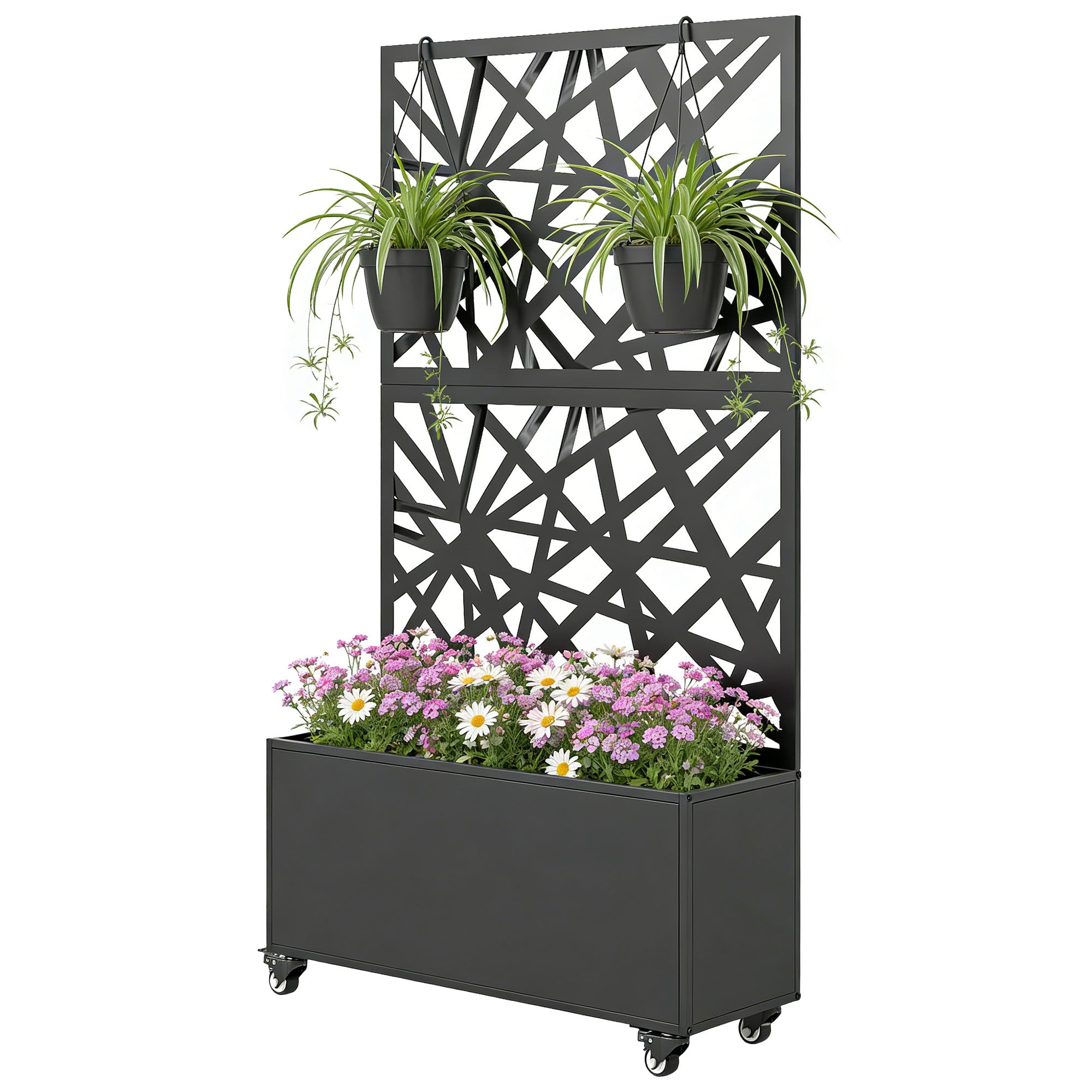 Elevated Outdoor Metal Planter with Trellis & Wheels — Drainage Holes, for Flowers & Vegetables, Garden & Balcony, 35.4×11.8×63 in, Black