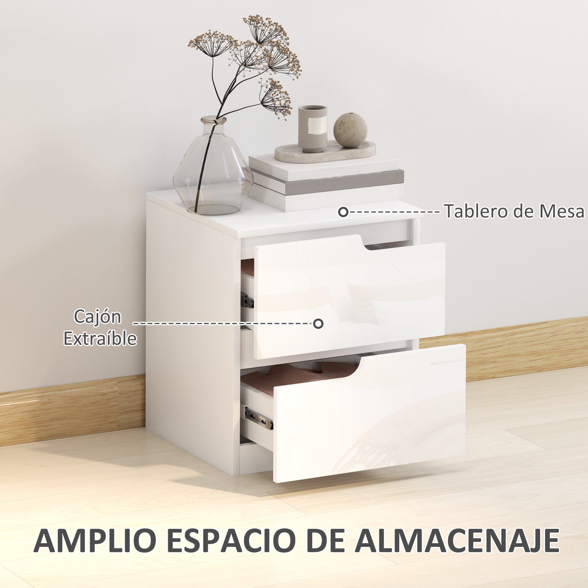 Modern Bedside Table Nightstand with High Gloss White Front Drawers and Cushioned Top Side Table for Bedroom Living Room 40x40x48 cm White