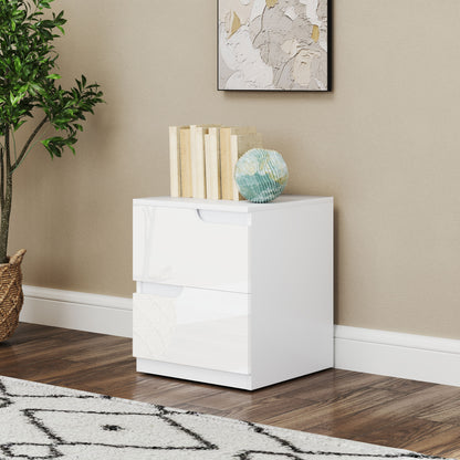 Modern Bedside Table Nightstand with High Gloss White Front Drawers and Cushioned Top Side Table for Bedroom Living Room 40x40x48 cm White