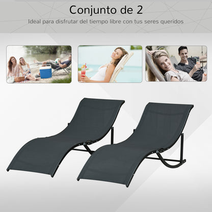 Set of 2 Ergonomic Folding Aluminum Sun Loungers with Texteline Fabric for Pool Patio Garden Terrace 165x61x63 cm Black
