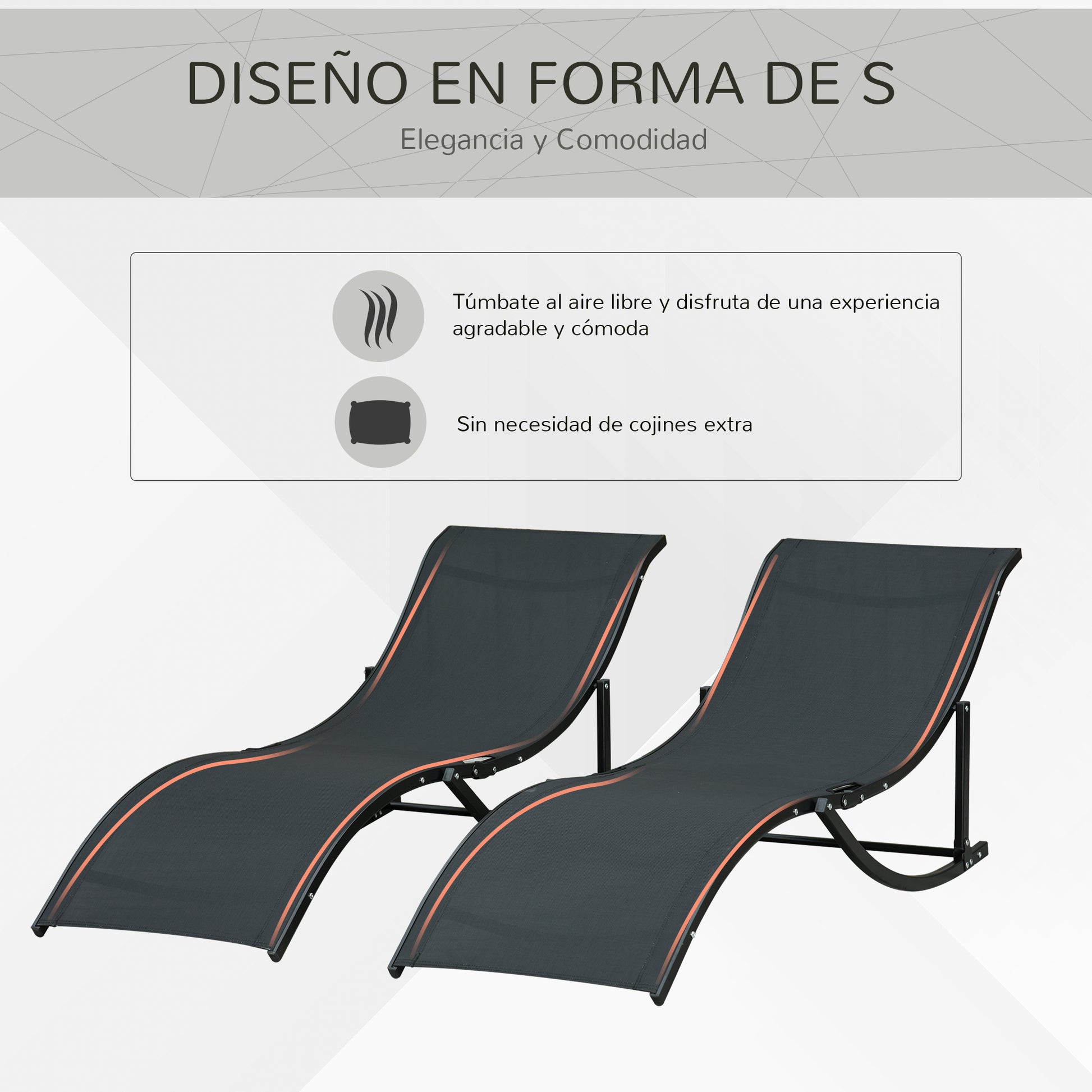 Set of 2 Ergonomic Folding Aluminum Sun Loungers with Texteline Fabric for Pool Patio Garden Terrace 165x61x63 cm Black