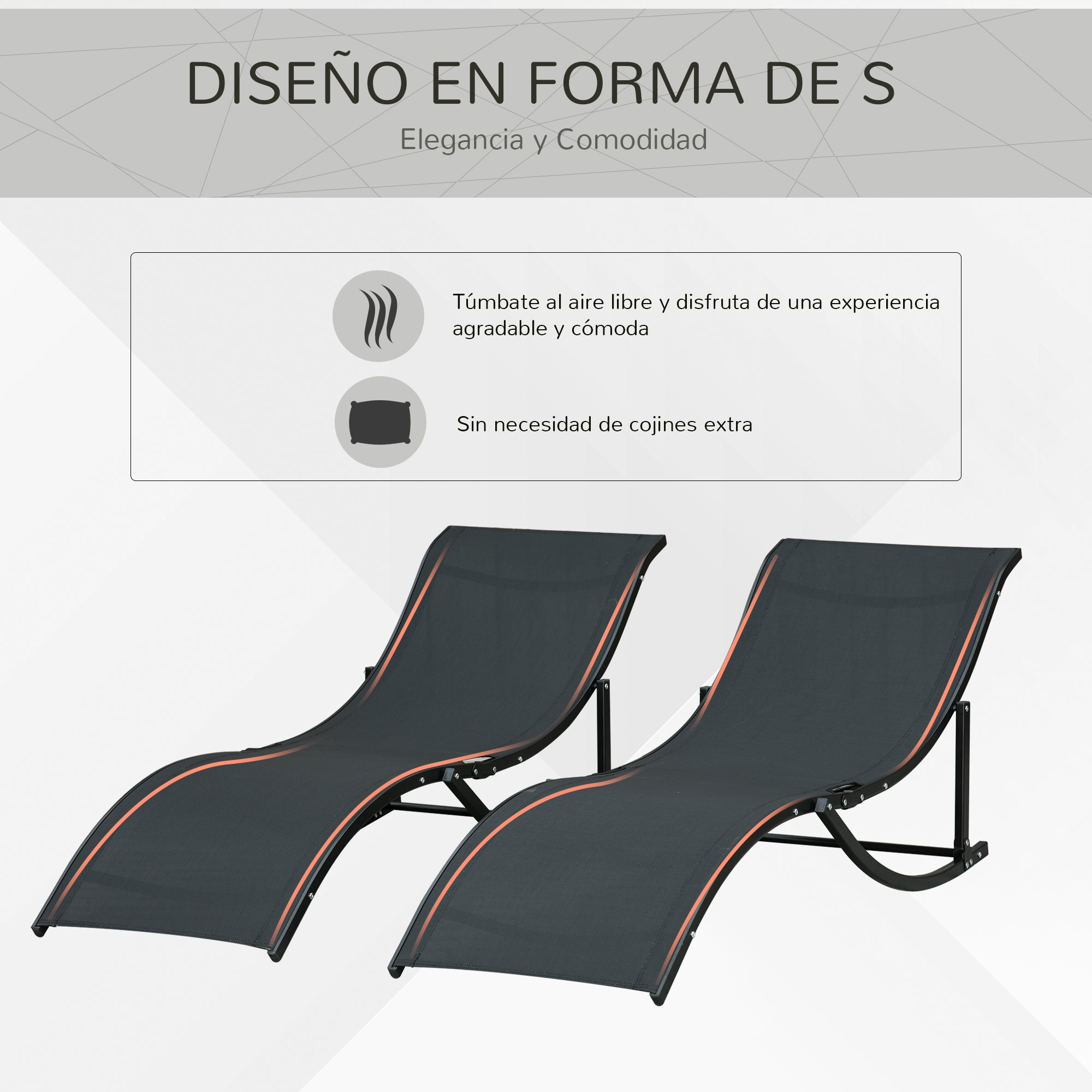 Set of 2 Ergonomic Folding Aluminum Sun Loungers with Texteline Fabric for Pool Patio Garden Terrace 165x61x63 cm Black