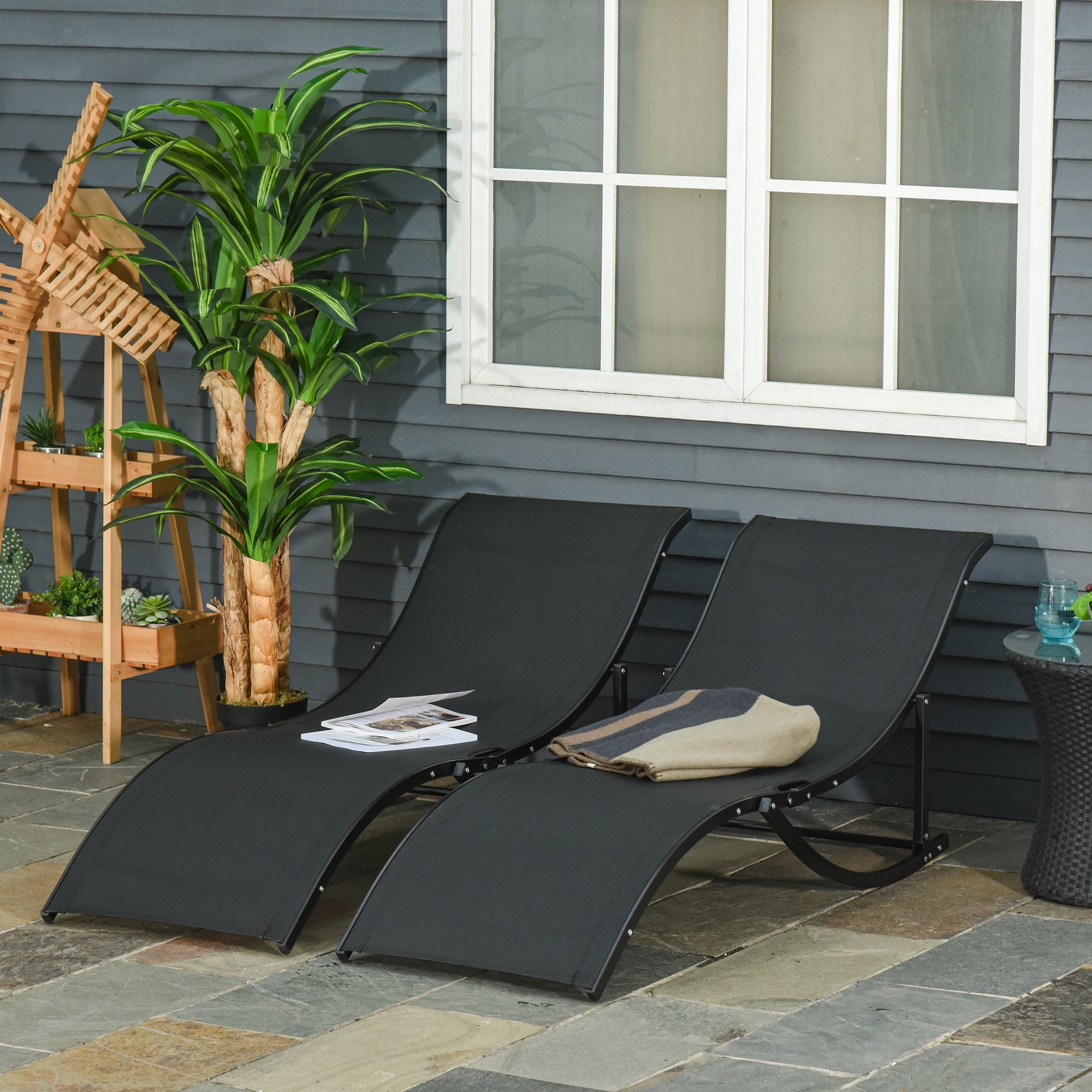 Set of 2 Ergonomic Folding Aluminum Sun Loungers with Texteline Fabric for Pool Patio Garden Terrace 165x61x63 cm Black