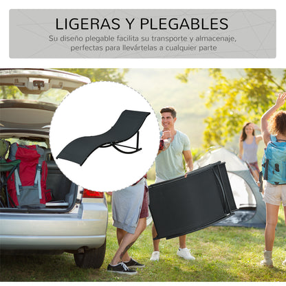 Set of 2 Ergonomic Folding Aluminum Sun Loungers with Texteline Fabric for Pool Patio Garden Terrace 165x61x63 cm Black