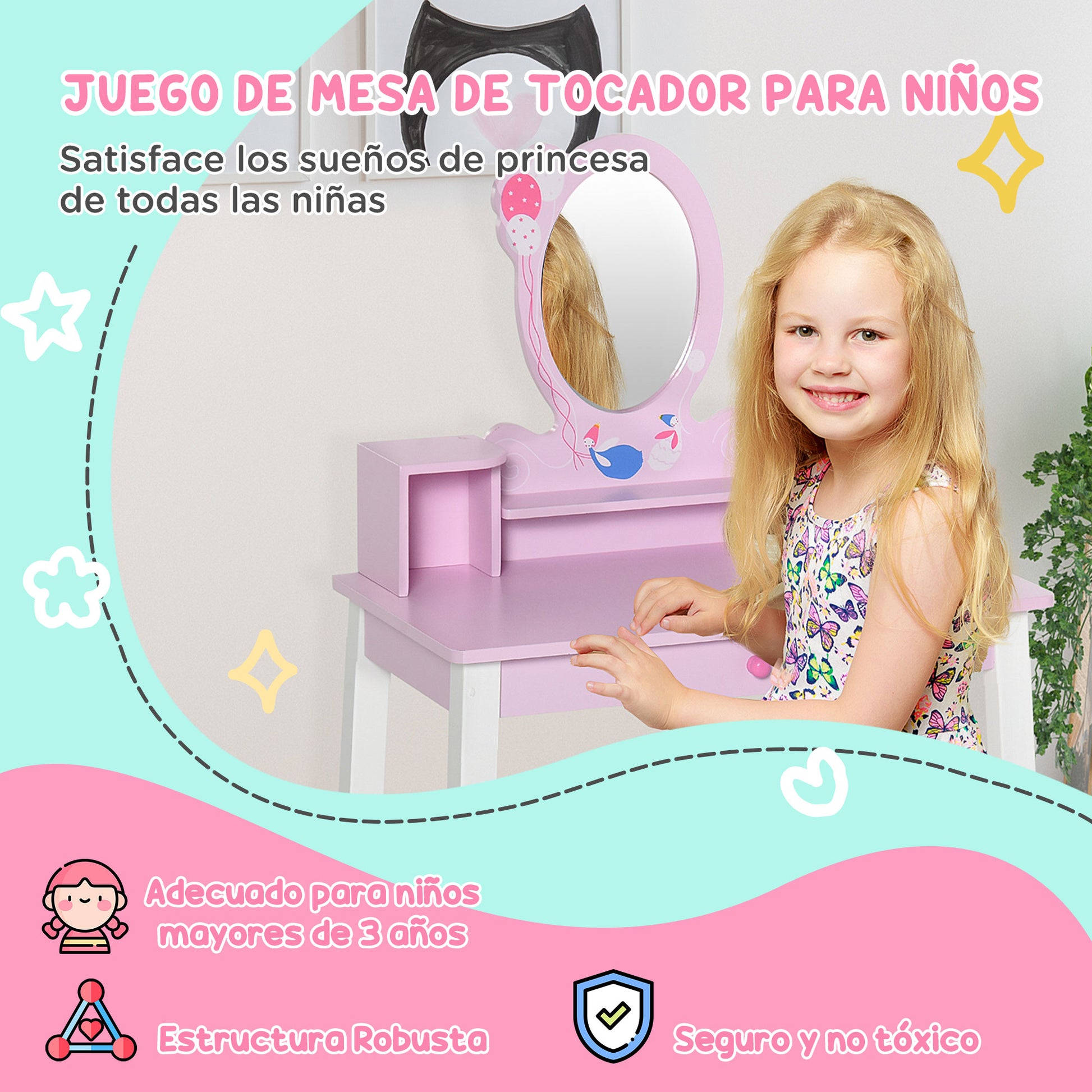 Children's Vanity with Stool and Princess Mirror Wooden Makeup Table for Girls 60x34x93 cm